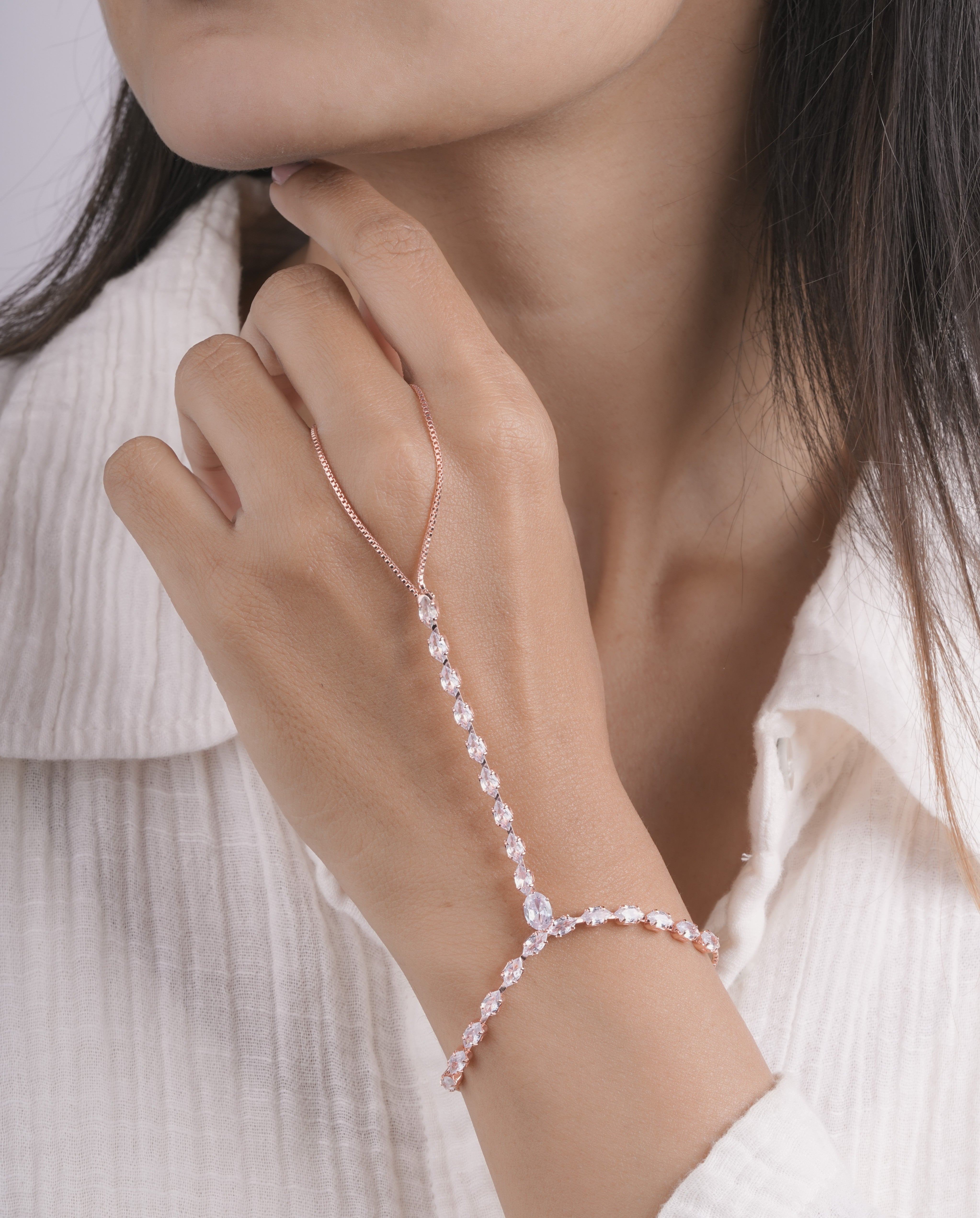 Elegant Crystal Hathphool Hand Bracelet in Rose Gold Finish (P1)