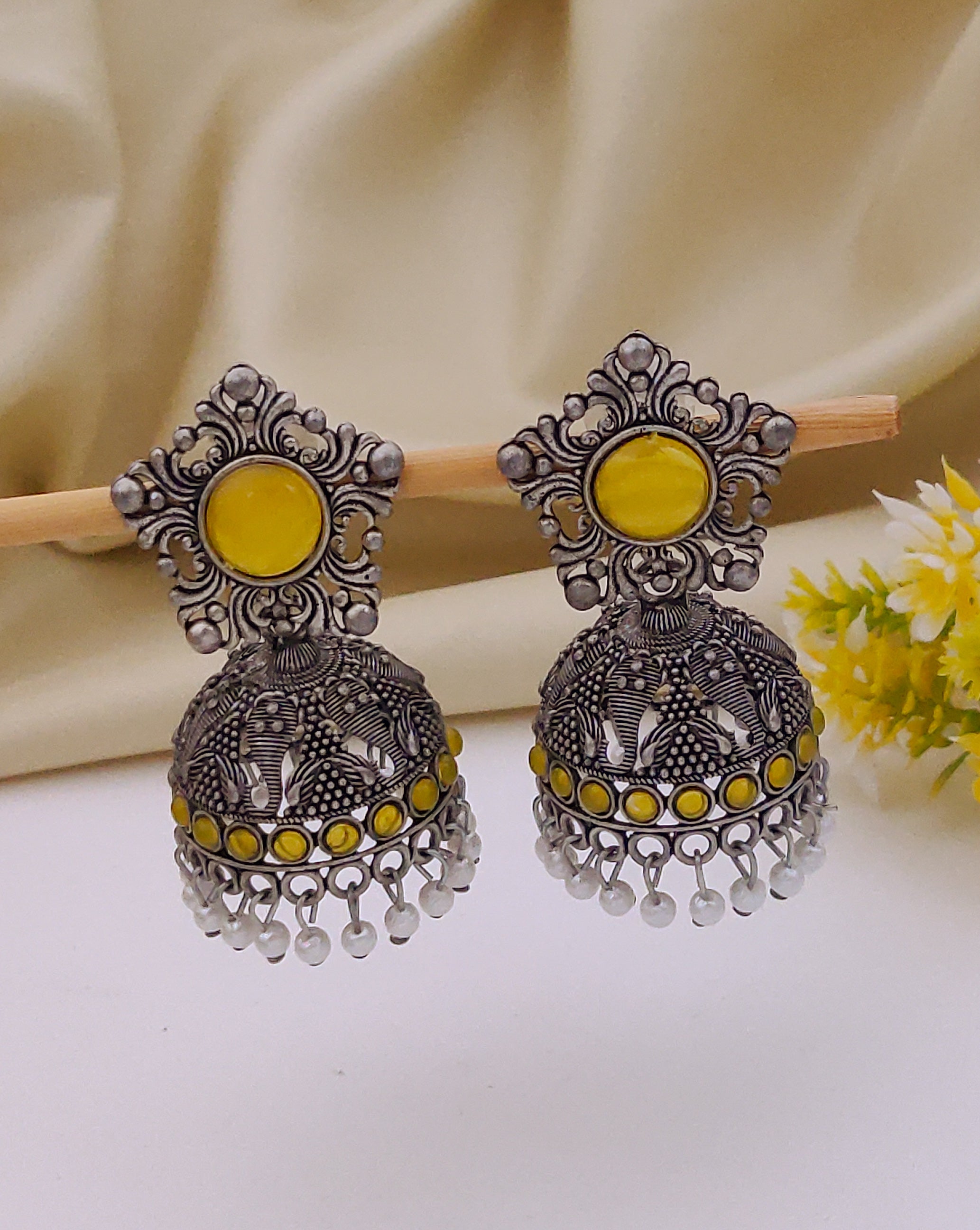 Antique Silver  Jhumka Earrings for Women (E16-YELLOW)
