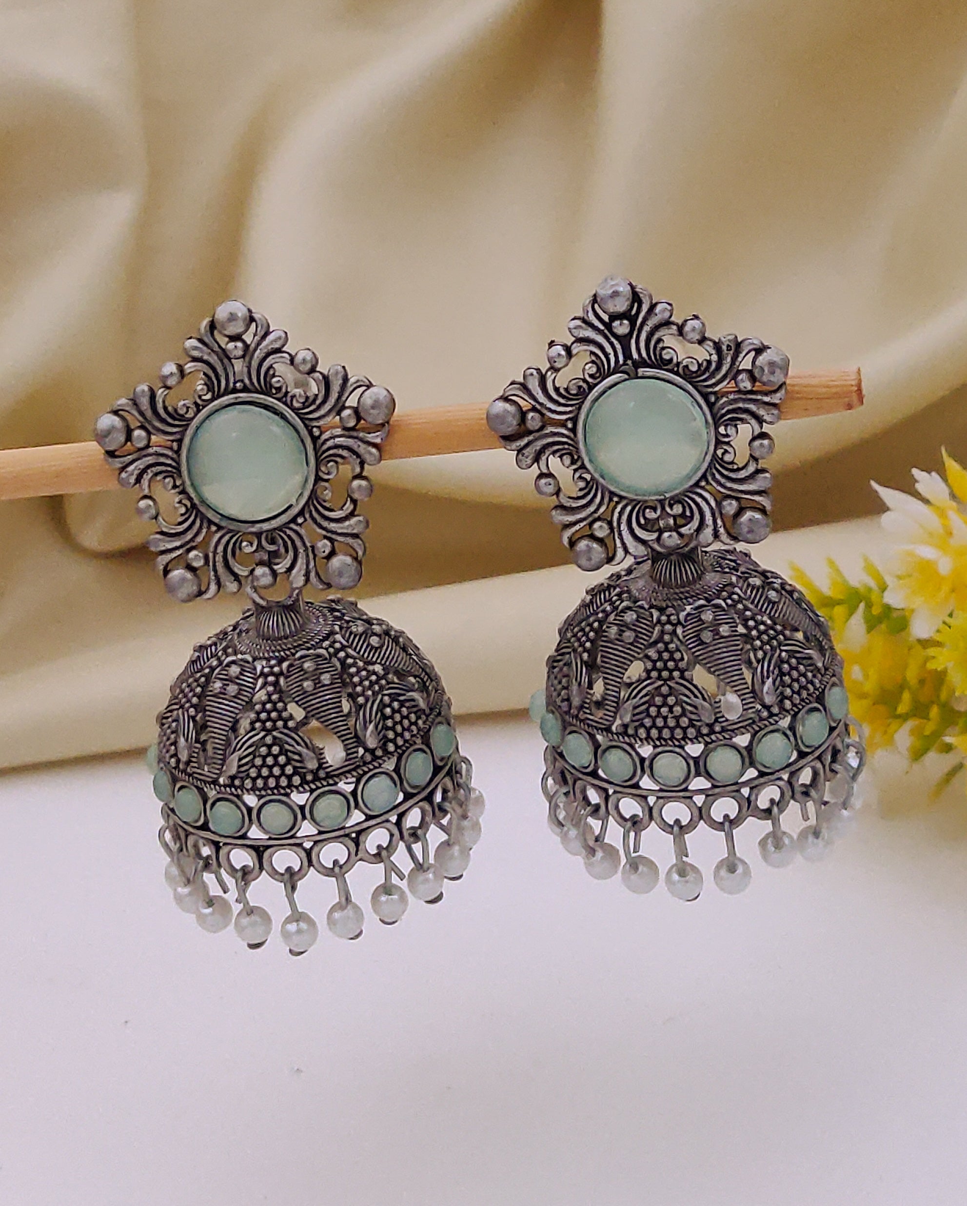 Antique Silver  Jhumka Earrings for Women (E16-BLUE)
