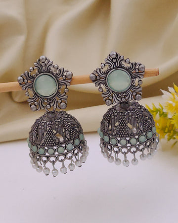Antique Silver  Jhumka Earrings for Women (E16-BLUE)
