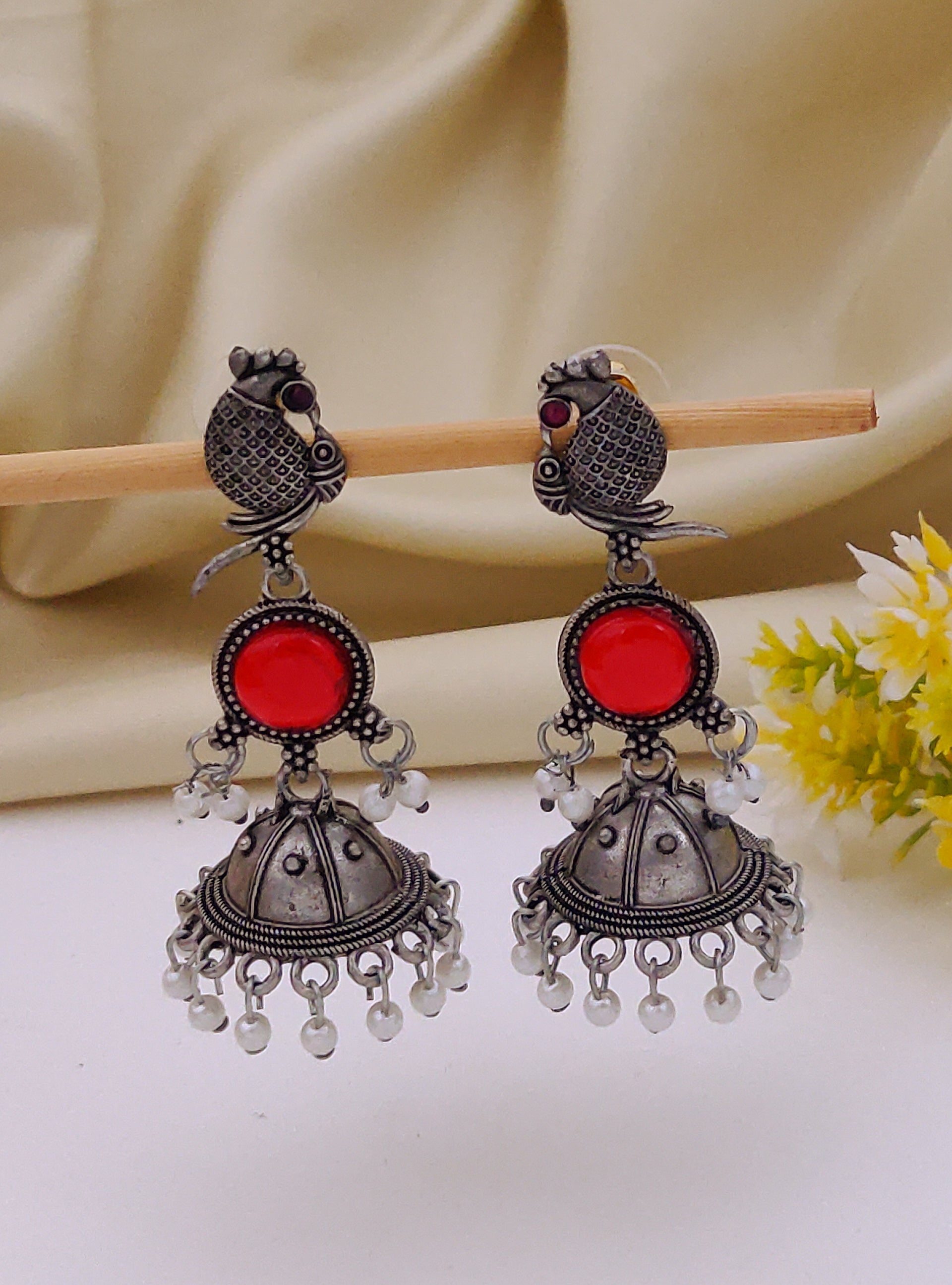 Antique Silver  Jhumka Earrings for Women (B-RED)