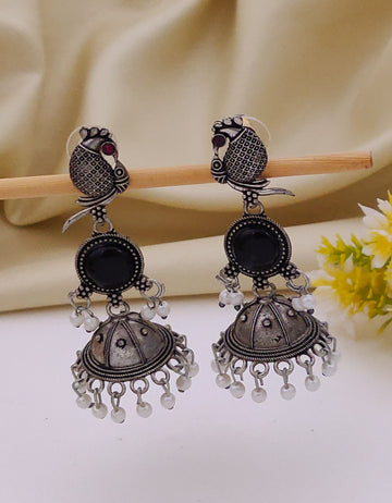 Antique Silver  Jhumka Earrings for Women (B-BLACK)