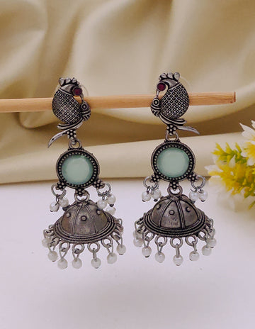 Antique Silver  Jhumka Earrings for Women (B-BLUE)