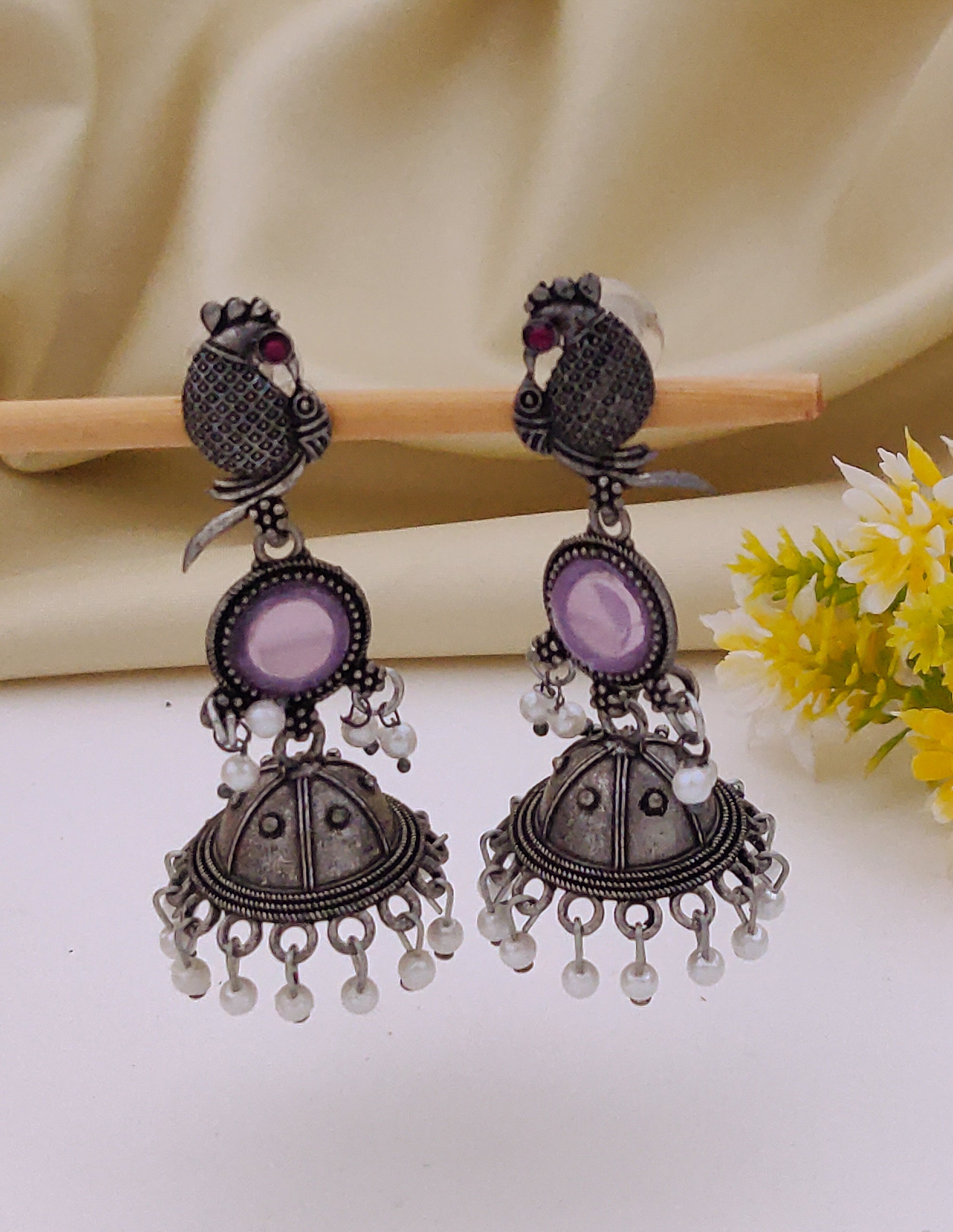 Antique Silver  Jhumka Earrings for Women (B-LOVENDER)