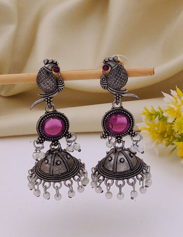 Antique Silver  Jhumka Earrings for Women (B-PINK)