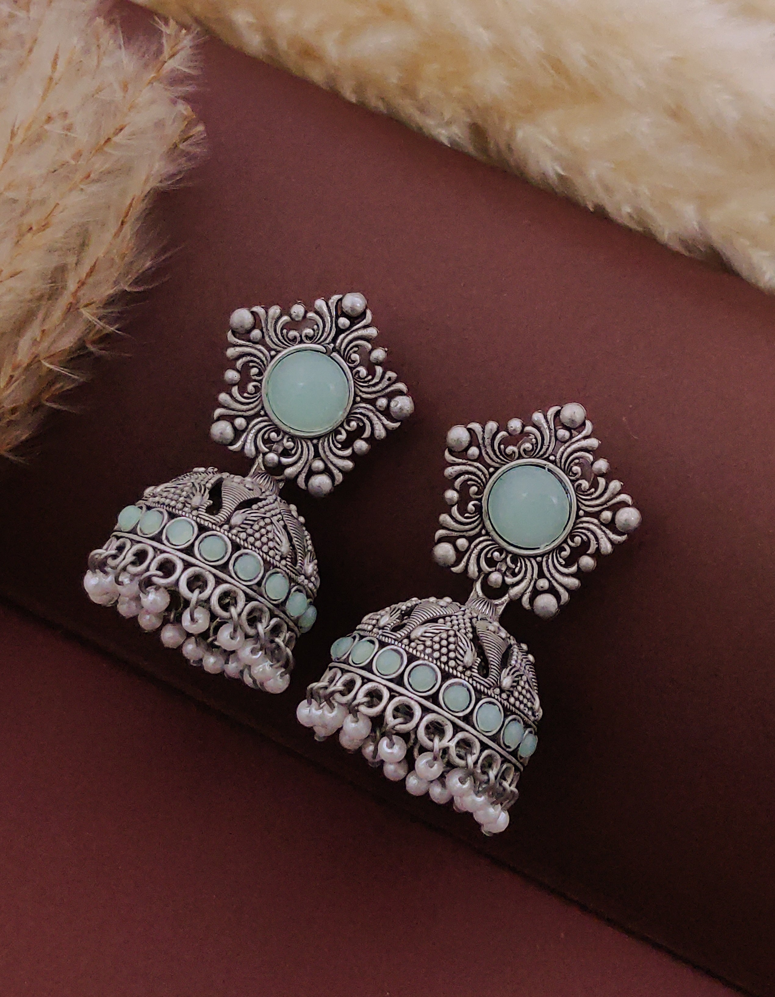 Antique Silver  Jhumka Earrings for Women (E16-BLUE)