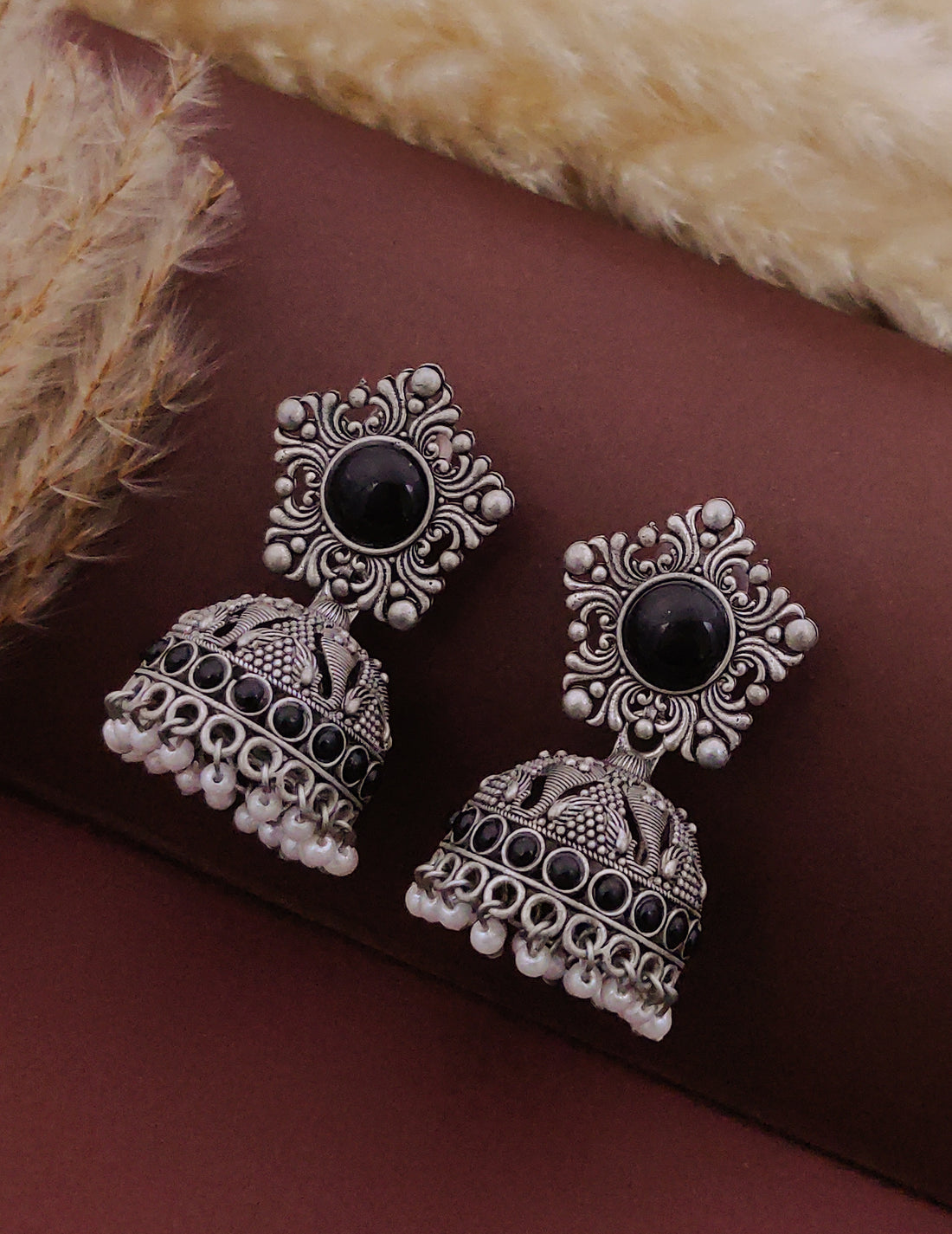Antique Silver  Jhumka Earrings for Women (E16-BLACK)