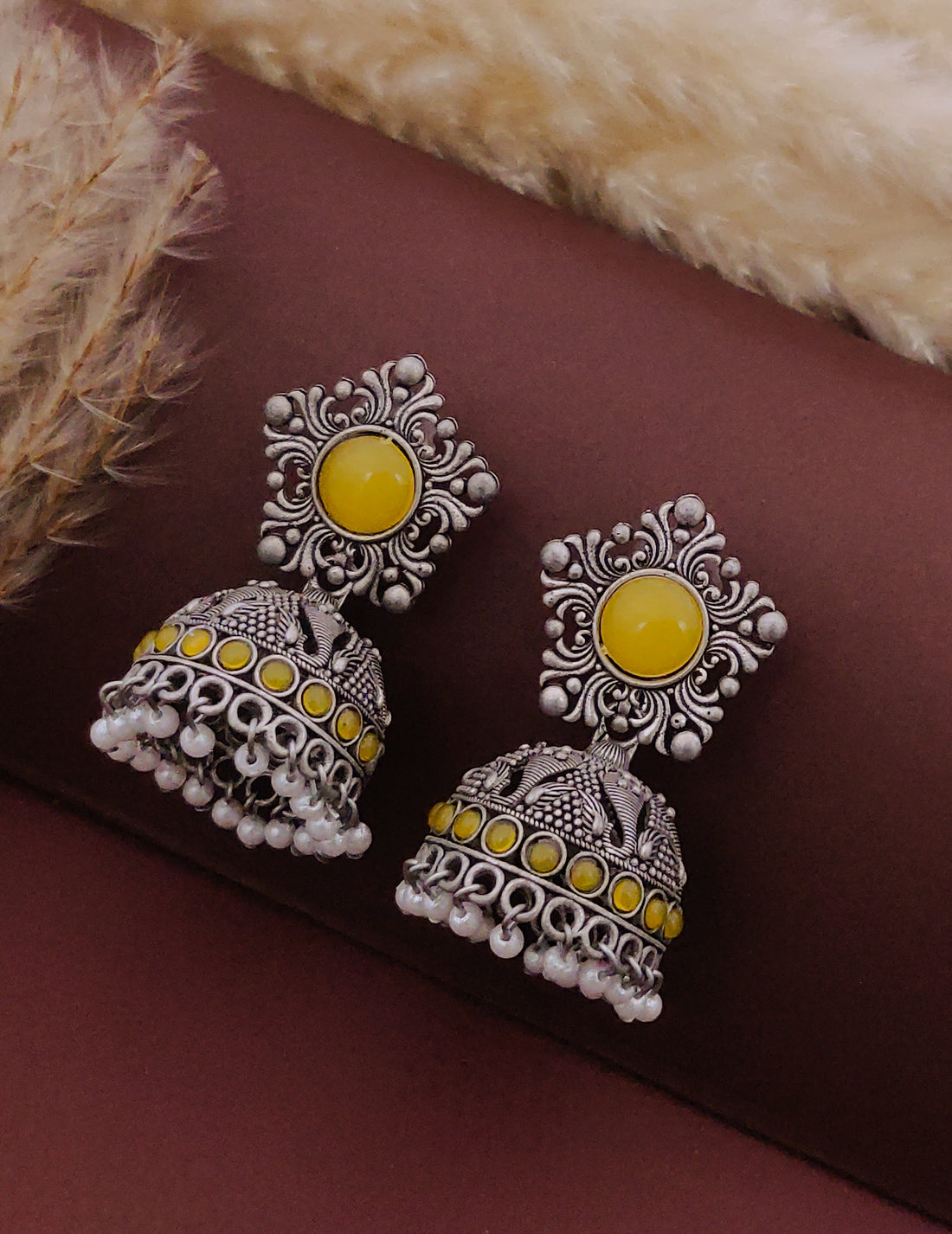 Antique Silver  Jhumka Earrings for Women (E16-YELLOW)