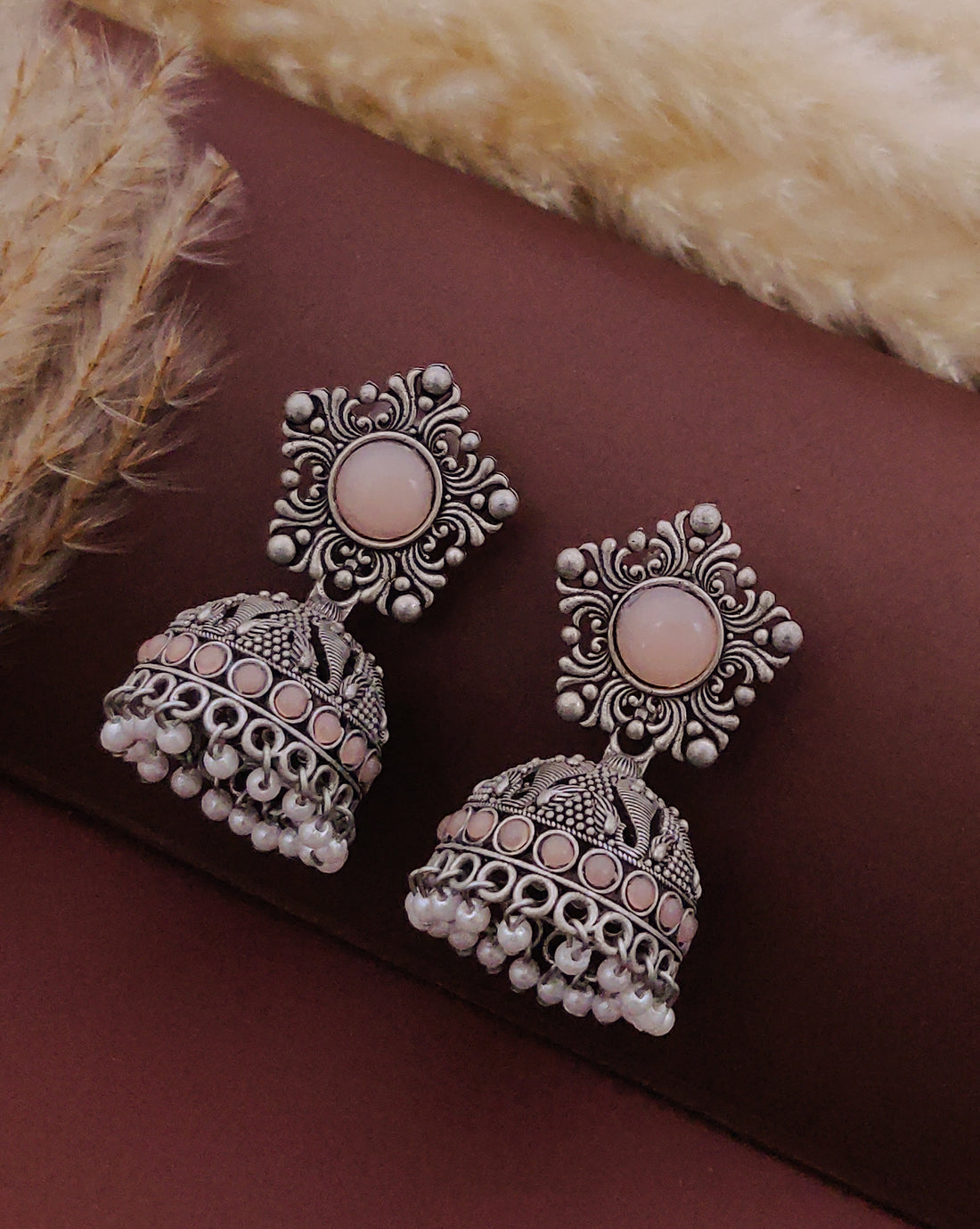 Antique Silver  Jhumka Earrings for Women (E16-PEACH)
