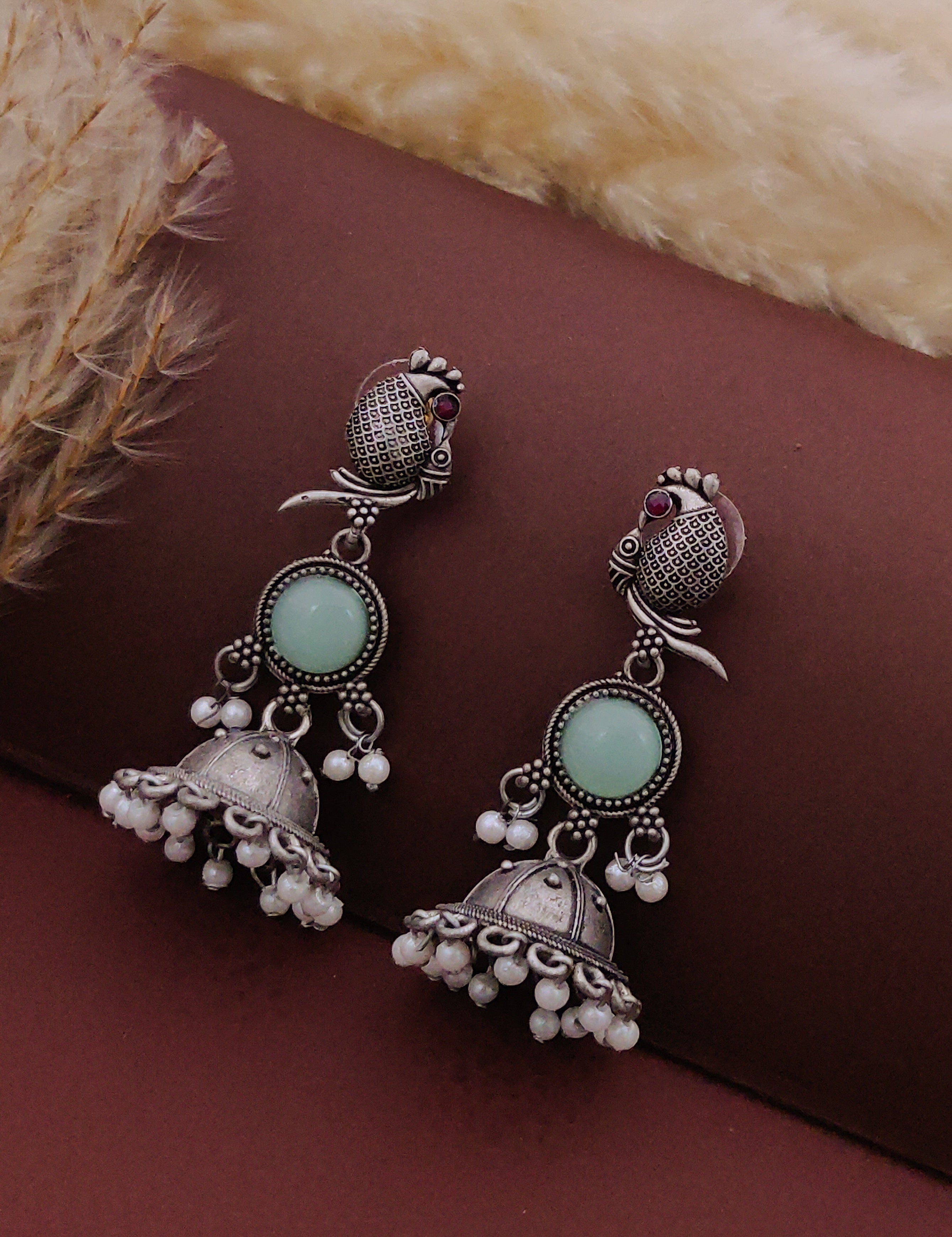 Antique Silver  Jhumka Earrings for Women (B-BLUE)