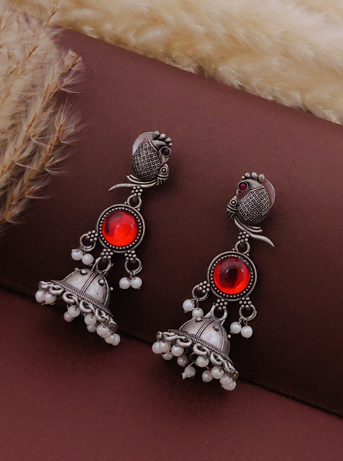 Antique Silver  Jhumka Earrings for Women (B-RED)