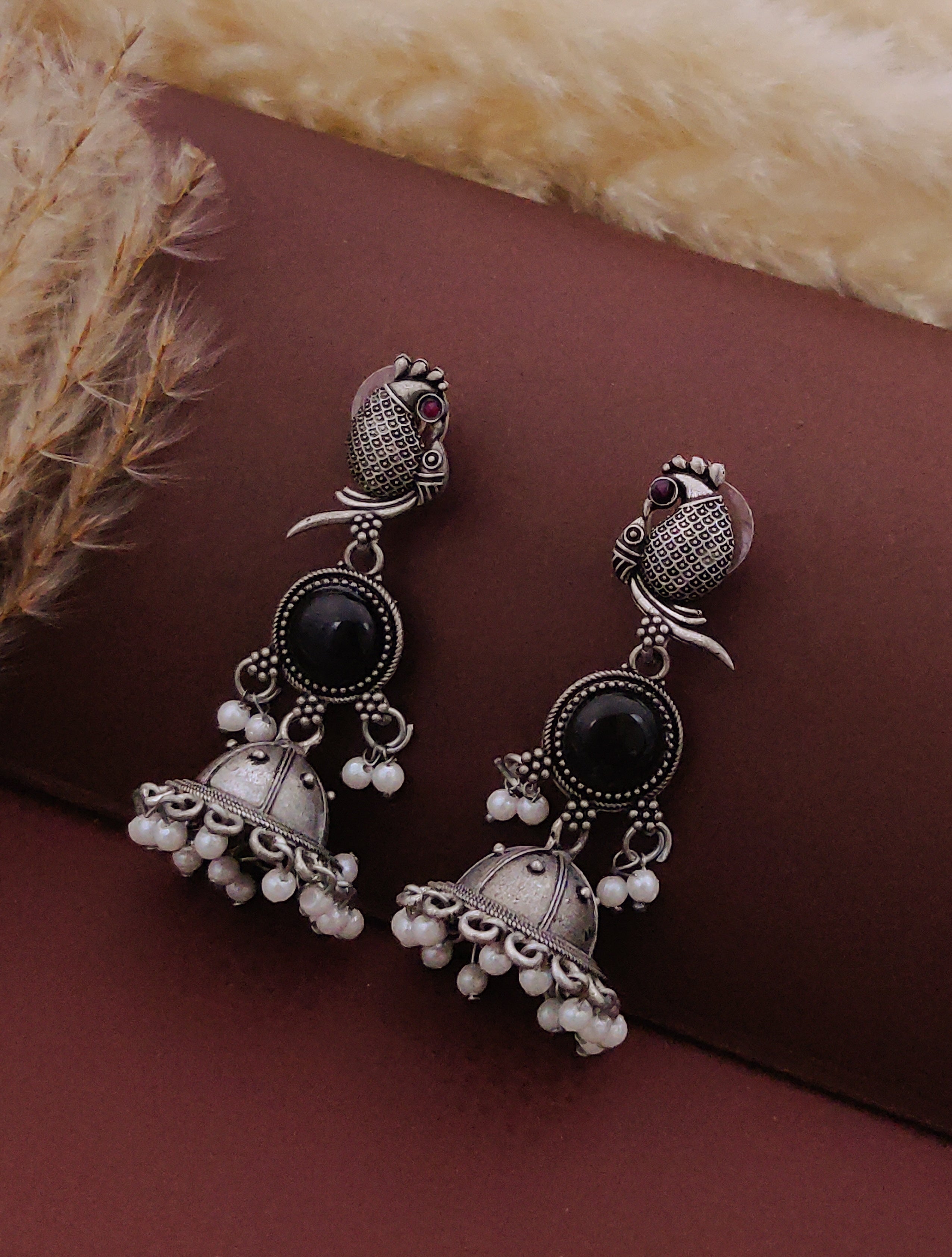 Antique Silver  Jhumka Earrings for Women (B-BLACK)
