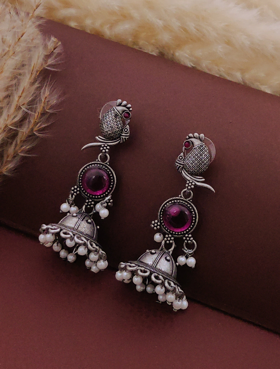 Antique Silver  Jhumka Earrings for Women (B-PINK)
