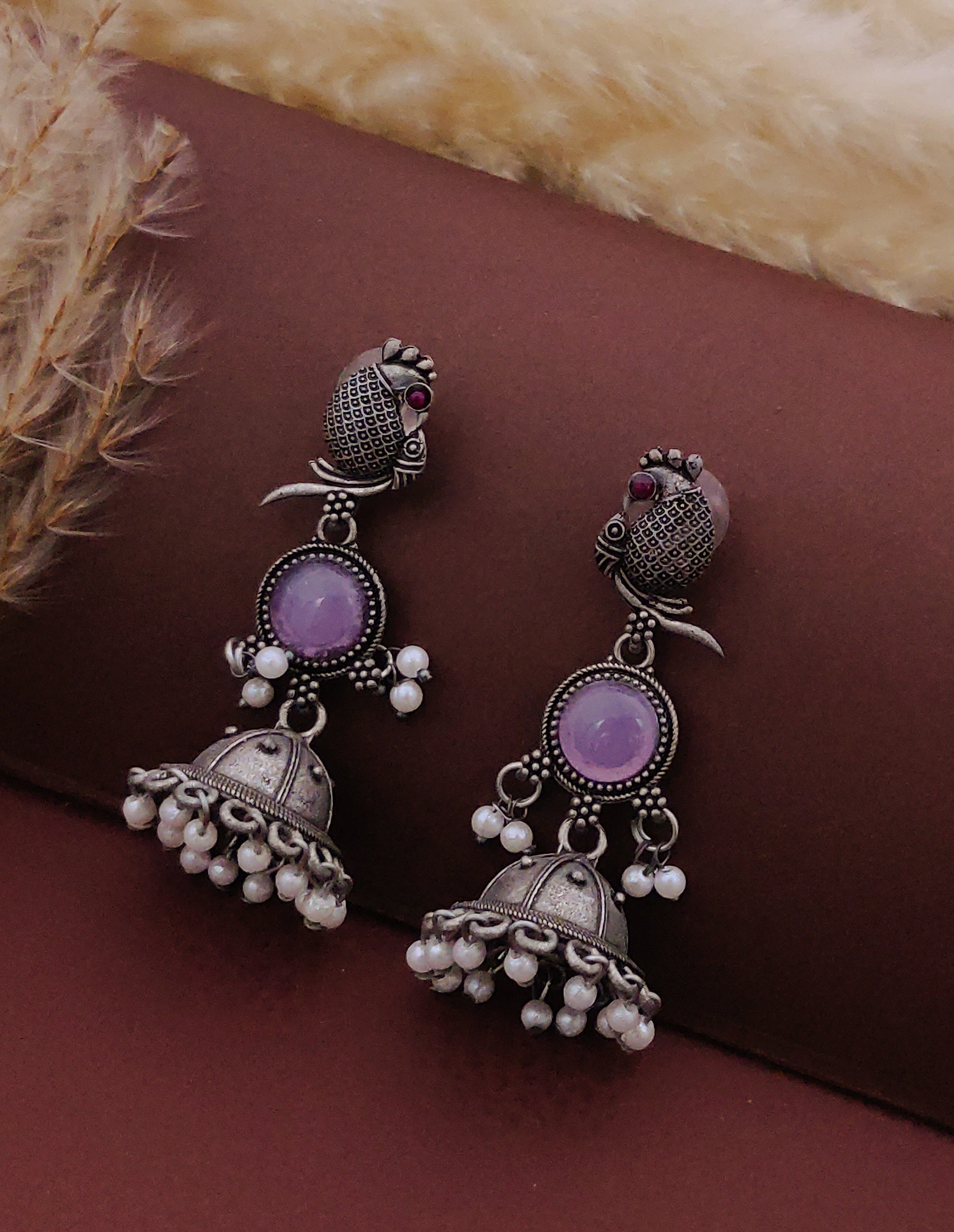 Antique Silver  Jhumka Earrings for Women (B-LOVENDER)