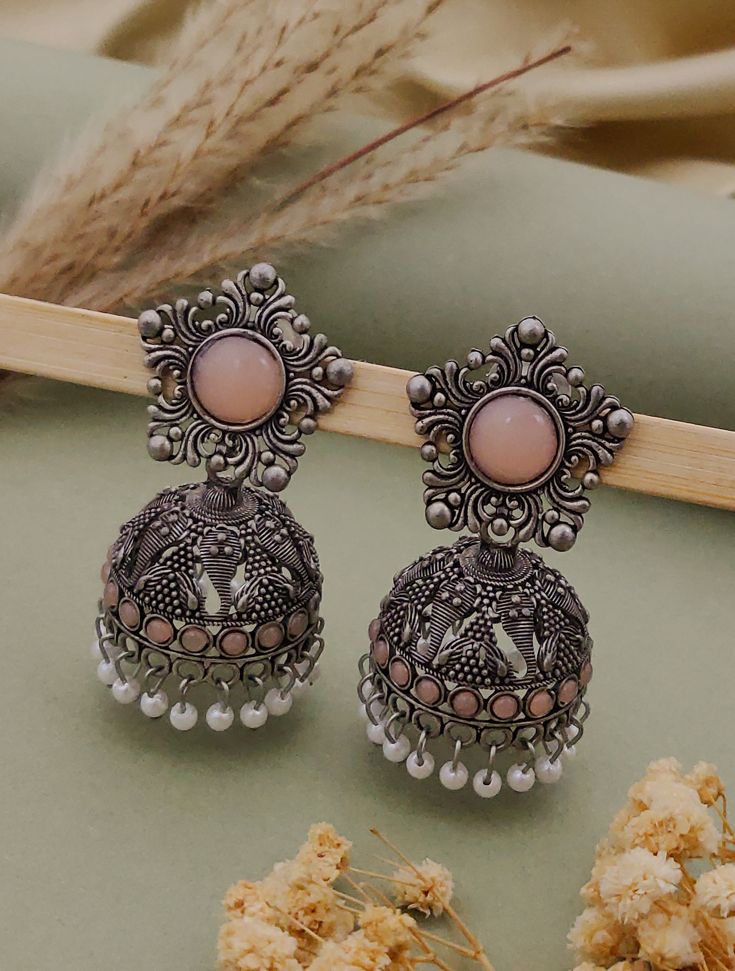 Antique Silver  Jhumka Earrings for Women (E16-PEACH)