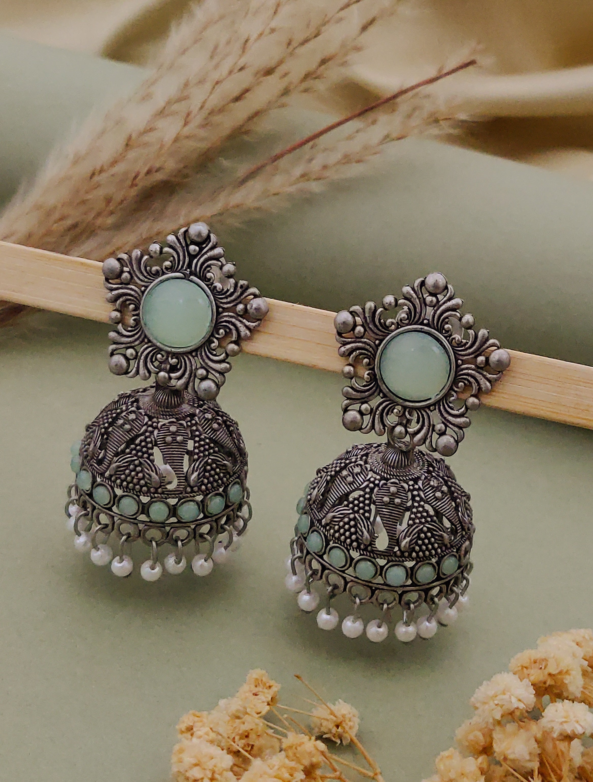 Antique Silver  Jhumka Earrings for Women (E16-BLUE)