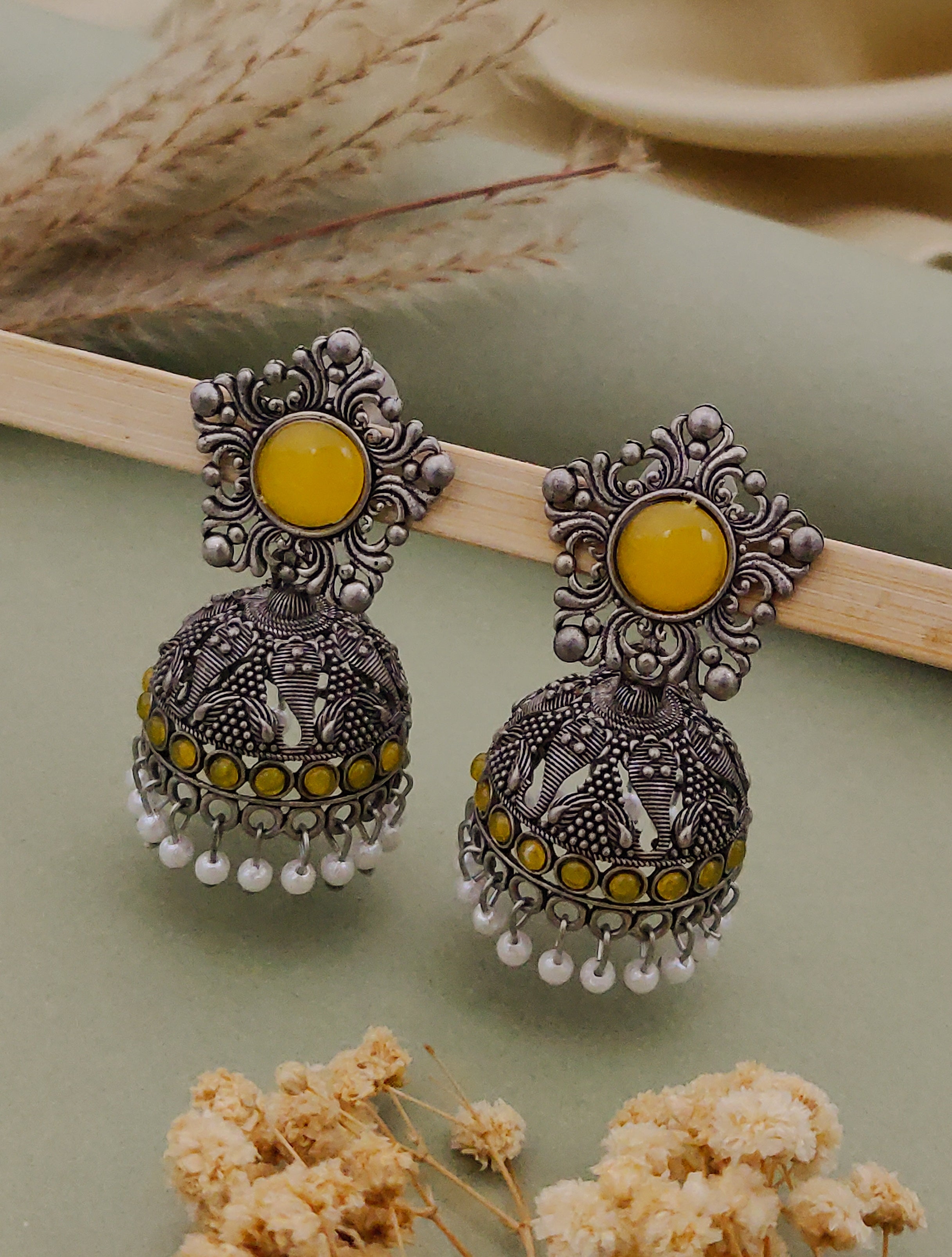 Antique Silver  Jhumka Earrings for Women (E16-YELLOW)