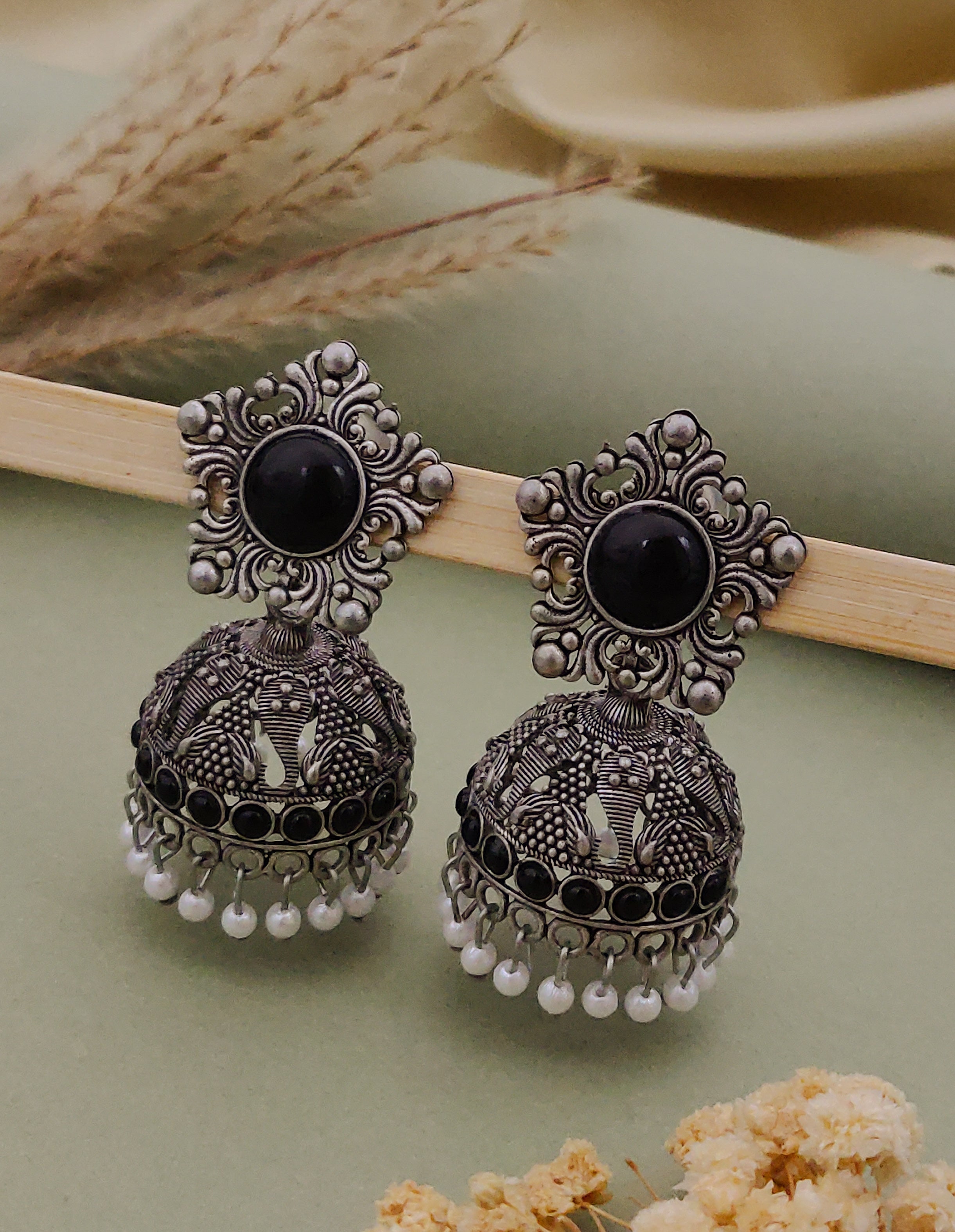 Antique Silver  Jhumka Earrings for Women (E16-BLACK)