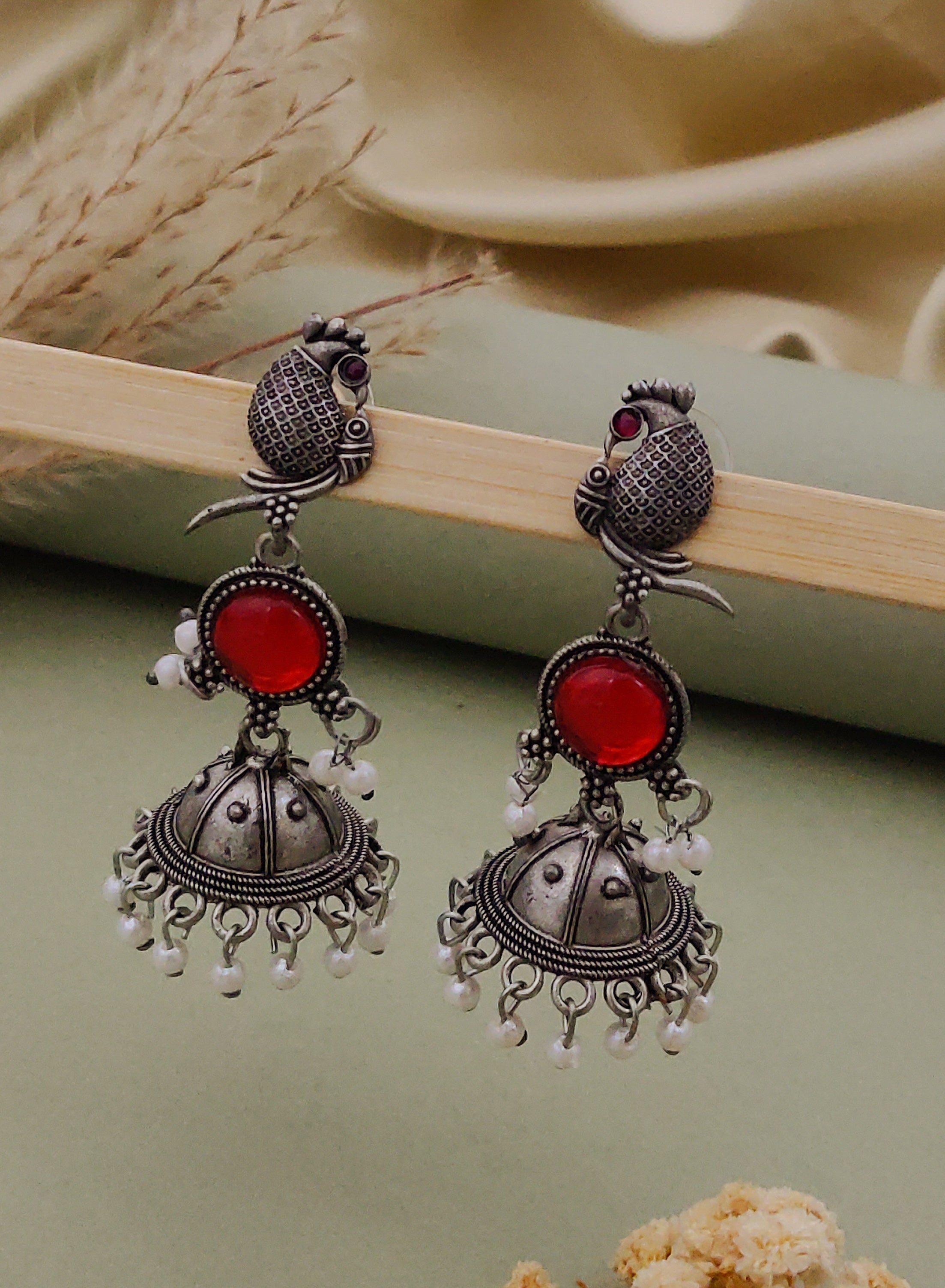Antique Silver  Jhumka Earrings for Women (B-RED)