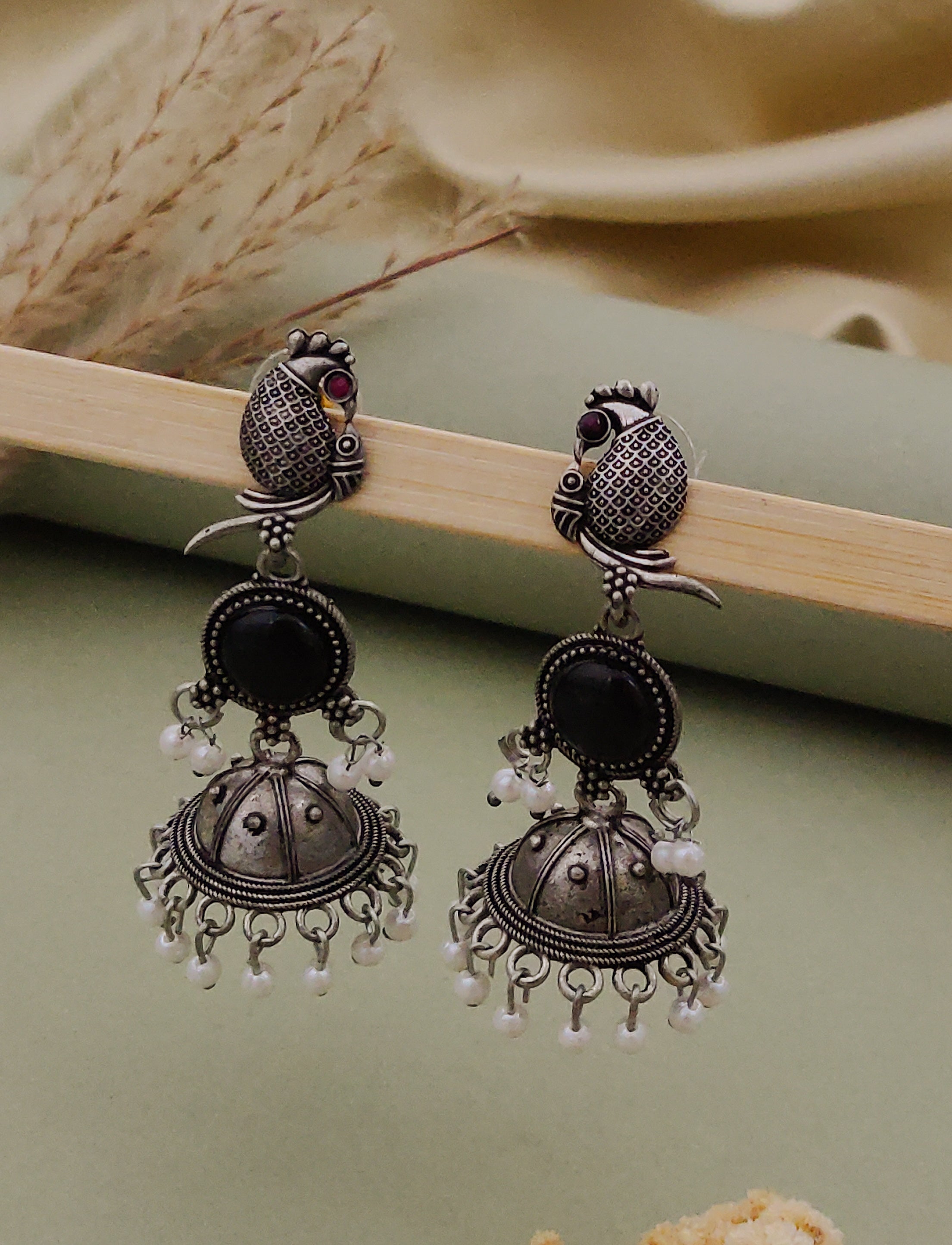 Antique Silver  Jhumka Earrings for Women (B-BLACK)