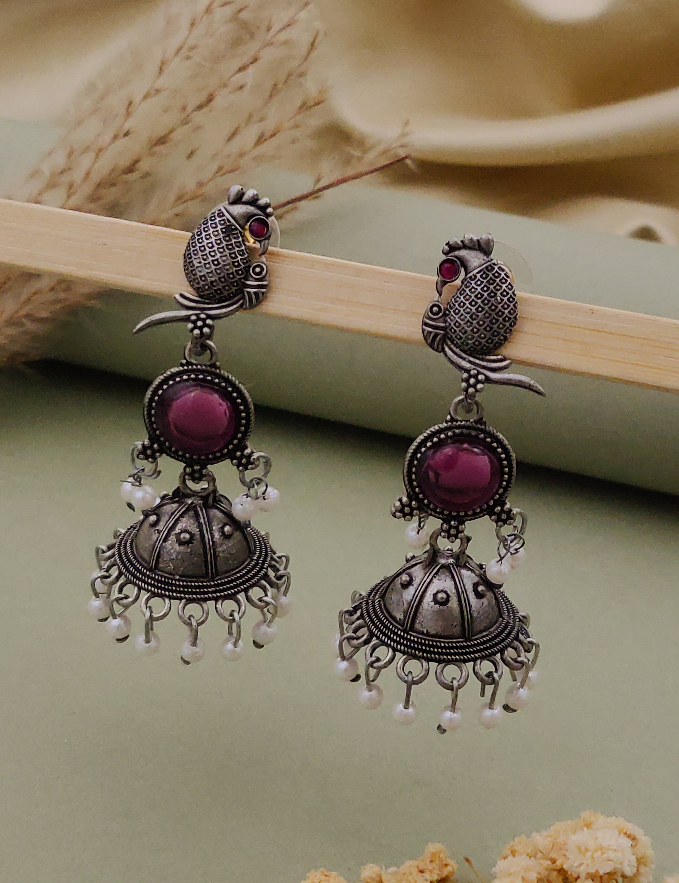 Antique Silver  Jhumka Earrings for Women (B-PINK)