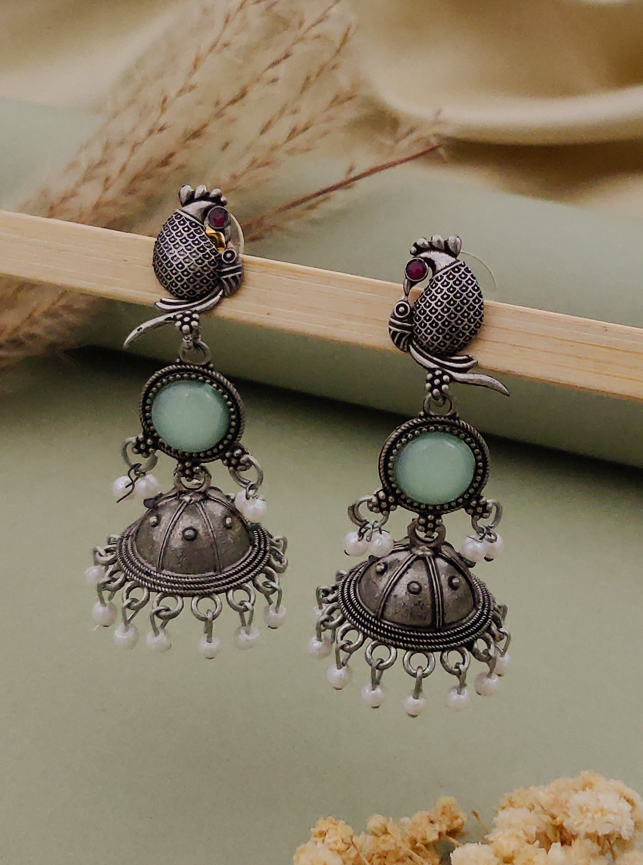 Antique Silver  Jhumka Earrings for Women (B-BLUE)