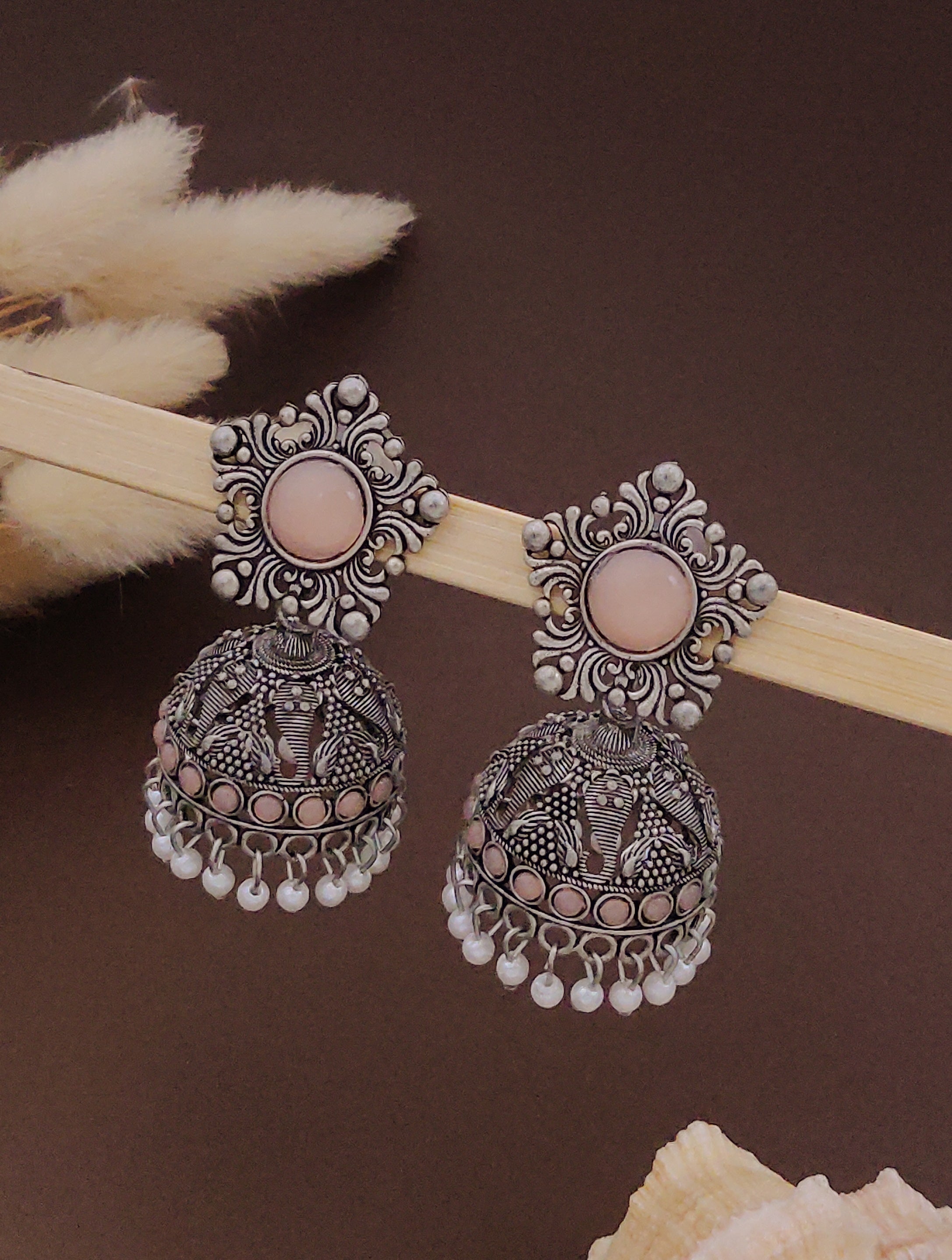 Antique Silver  Jhumka Earrings for Women (E16-PEACH)