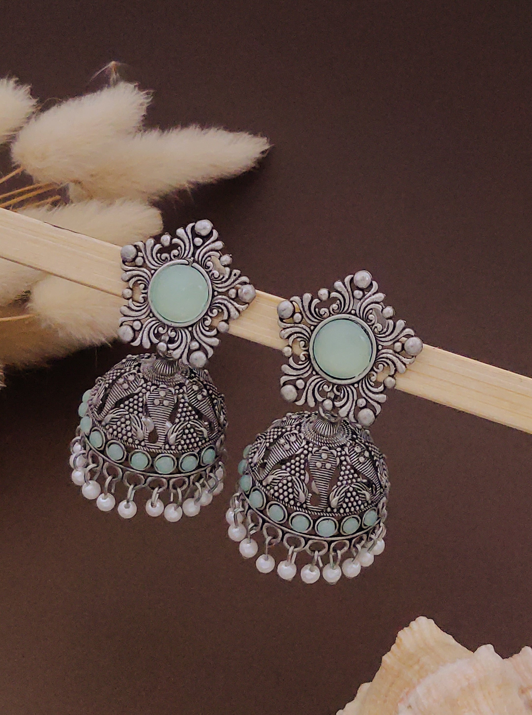 Antique Silver  Jhumka Earrings for Women (E16-BLUE)
