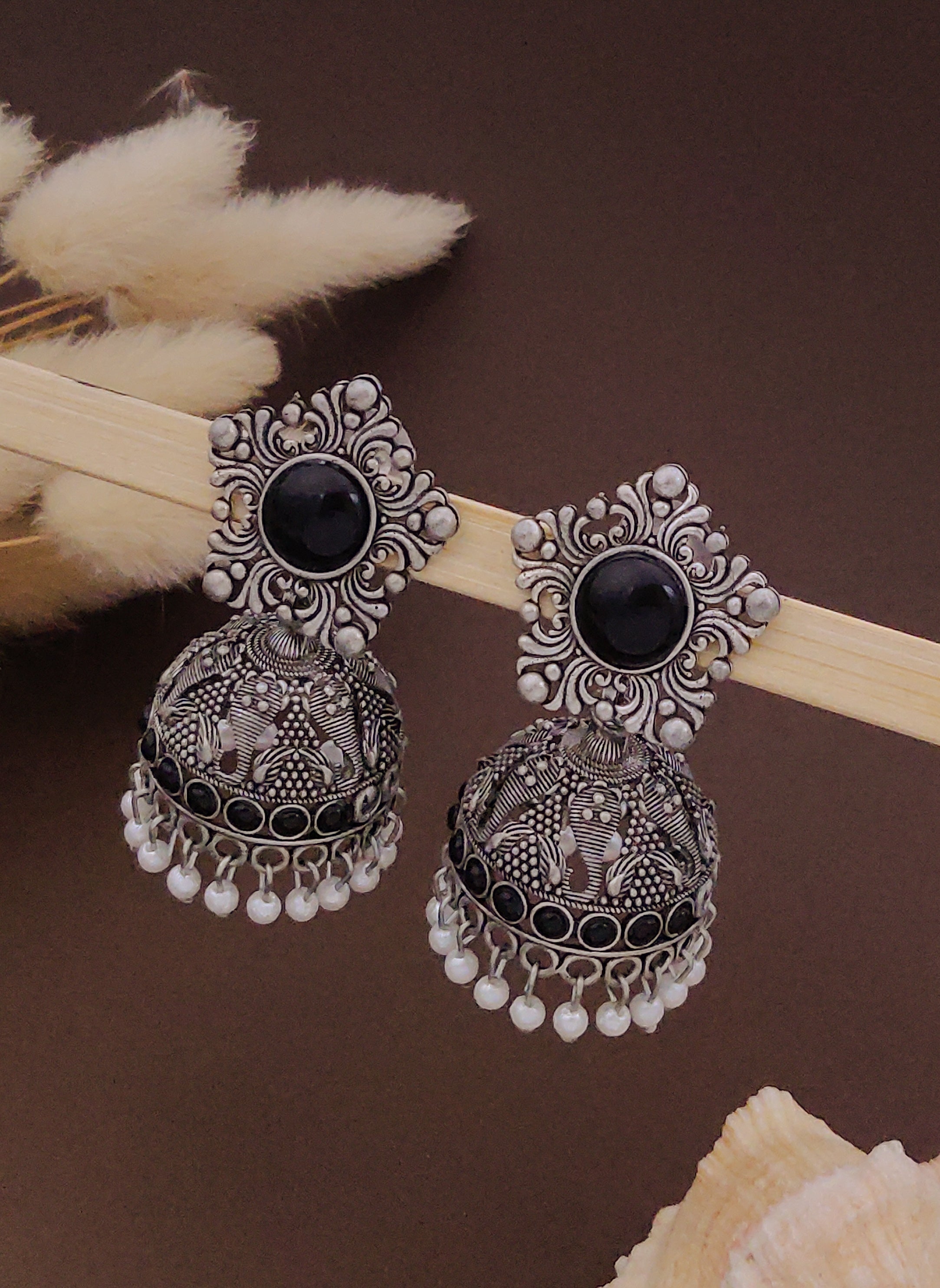 Antique Silver  Jhumka Earrings for Women (E16-BLACK)