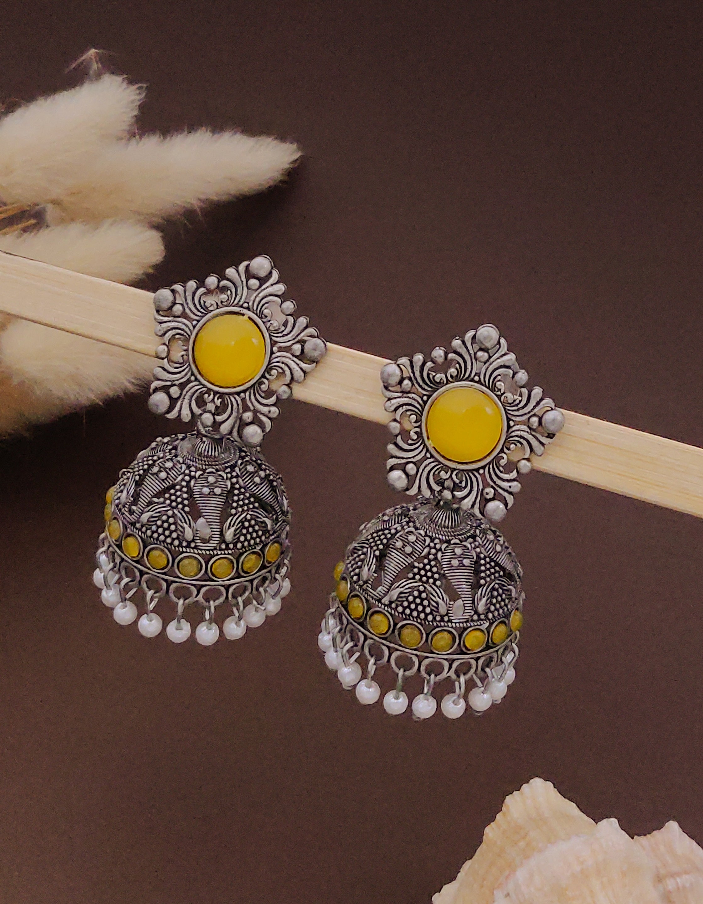Antique Silver  Jhumka Earrings for Women (E16-YELLOW)