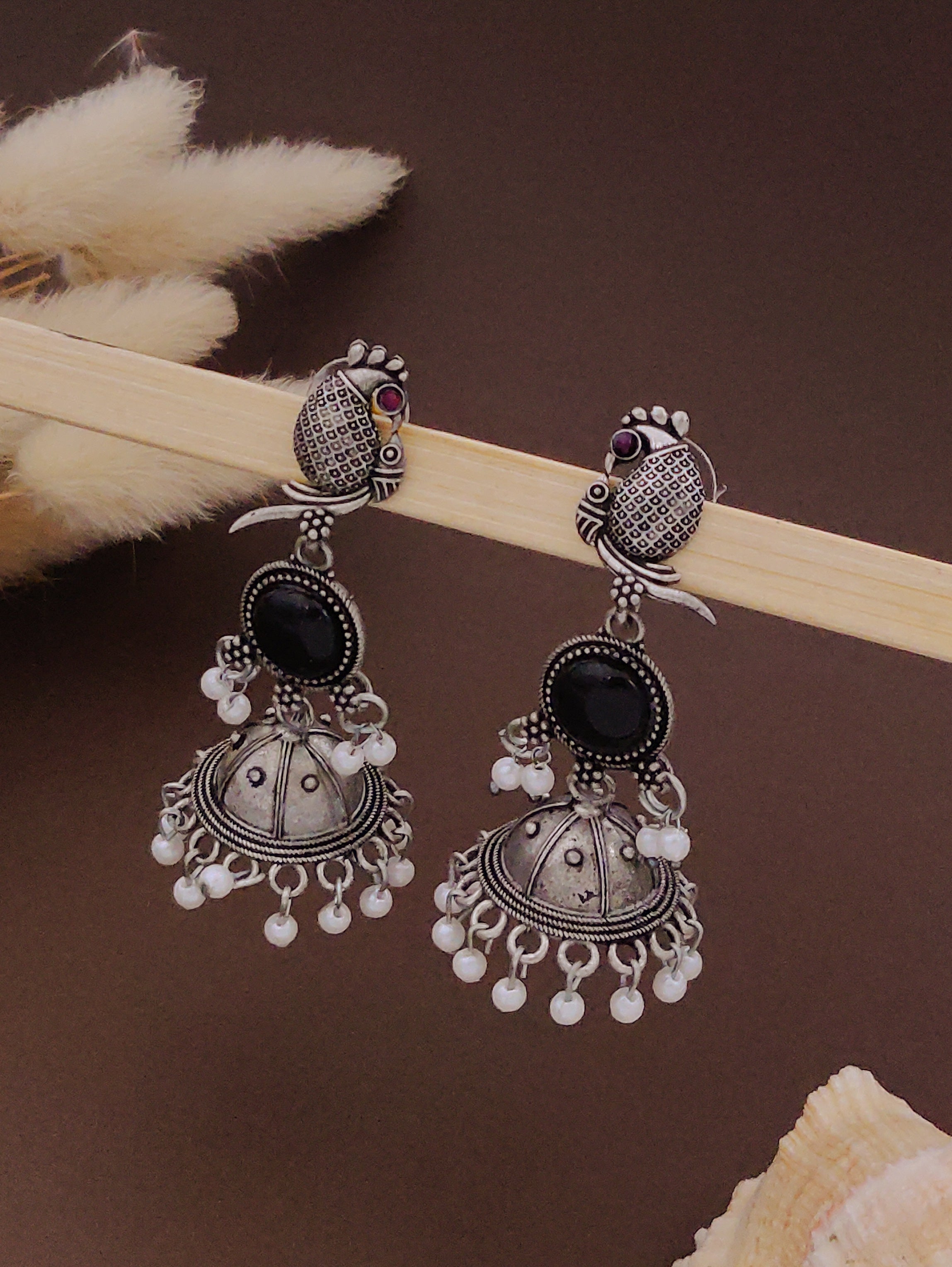 Antique Silver  Jhumka Earrings for Women (B-BLACK)