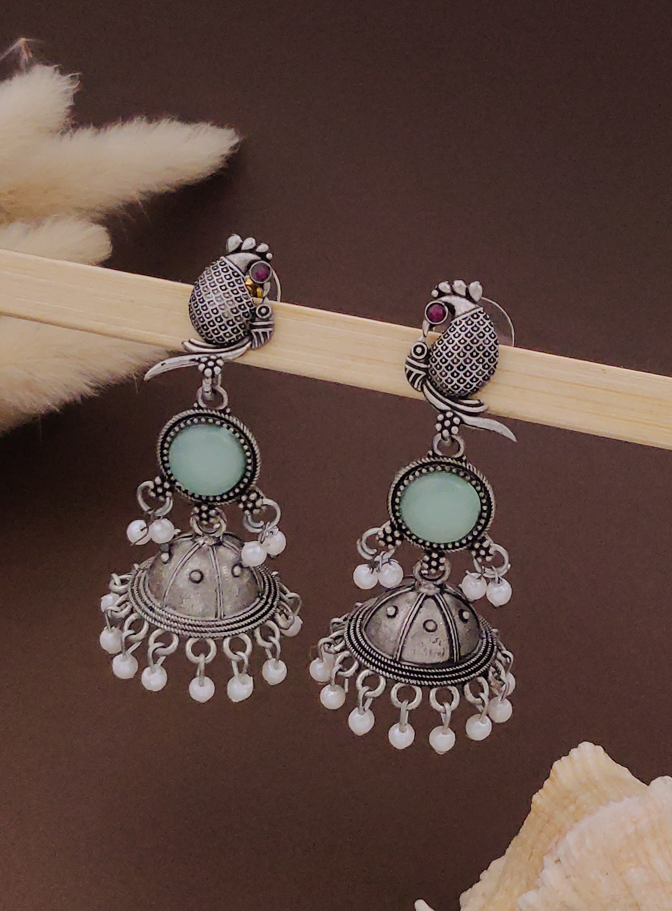 Antique Silver  Jhumka Earrings for Women (B-BLUE)