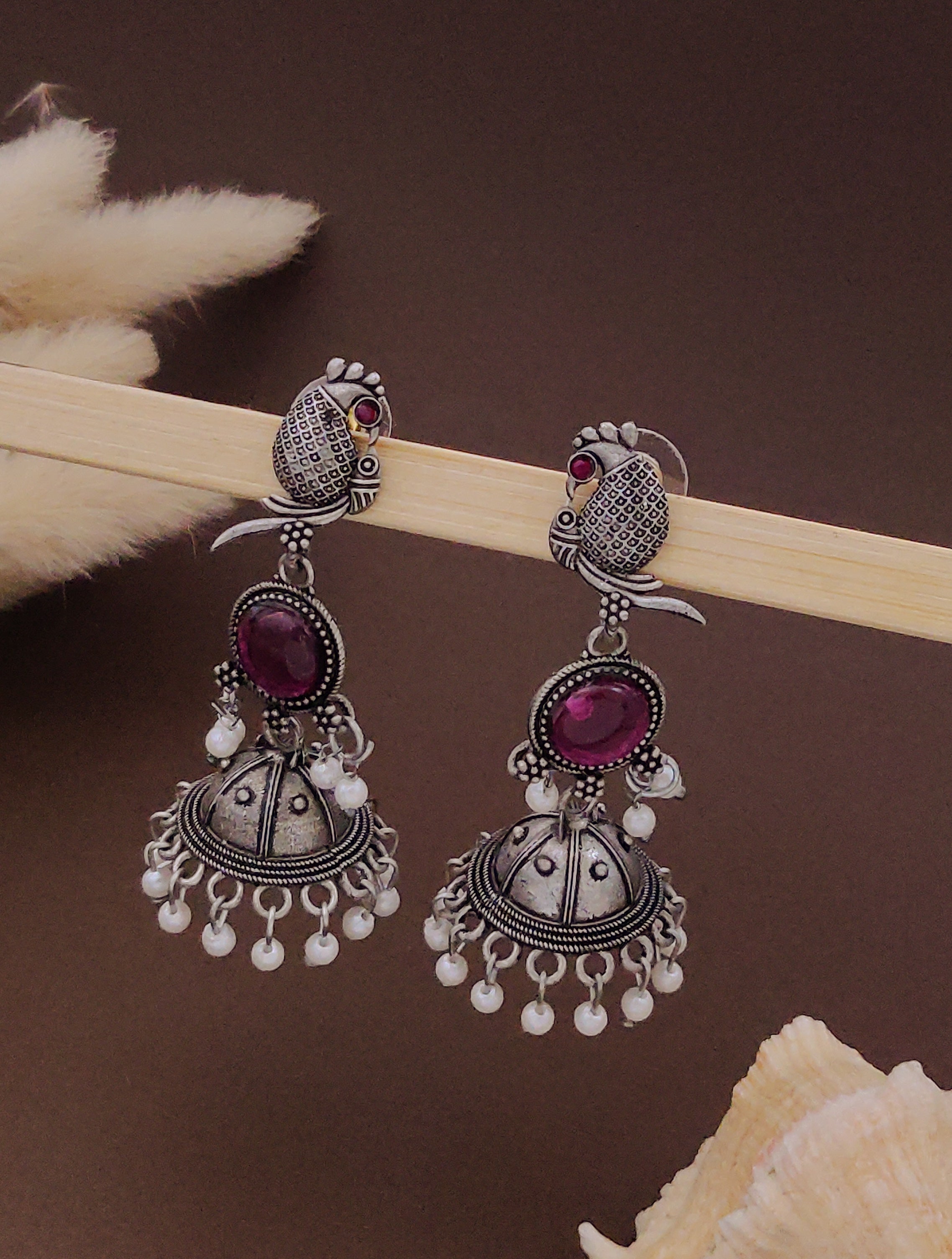 Antique Silver  Jhumka Earrings for Women (B-PINK)