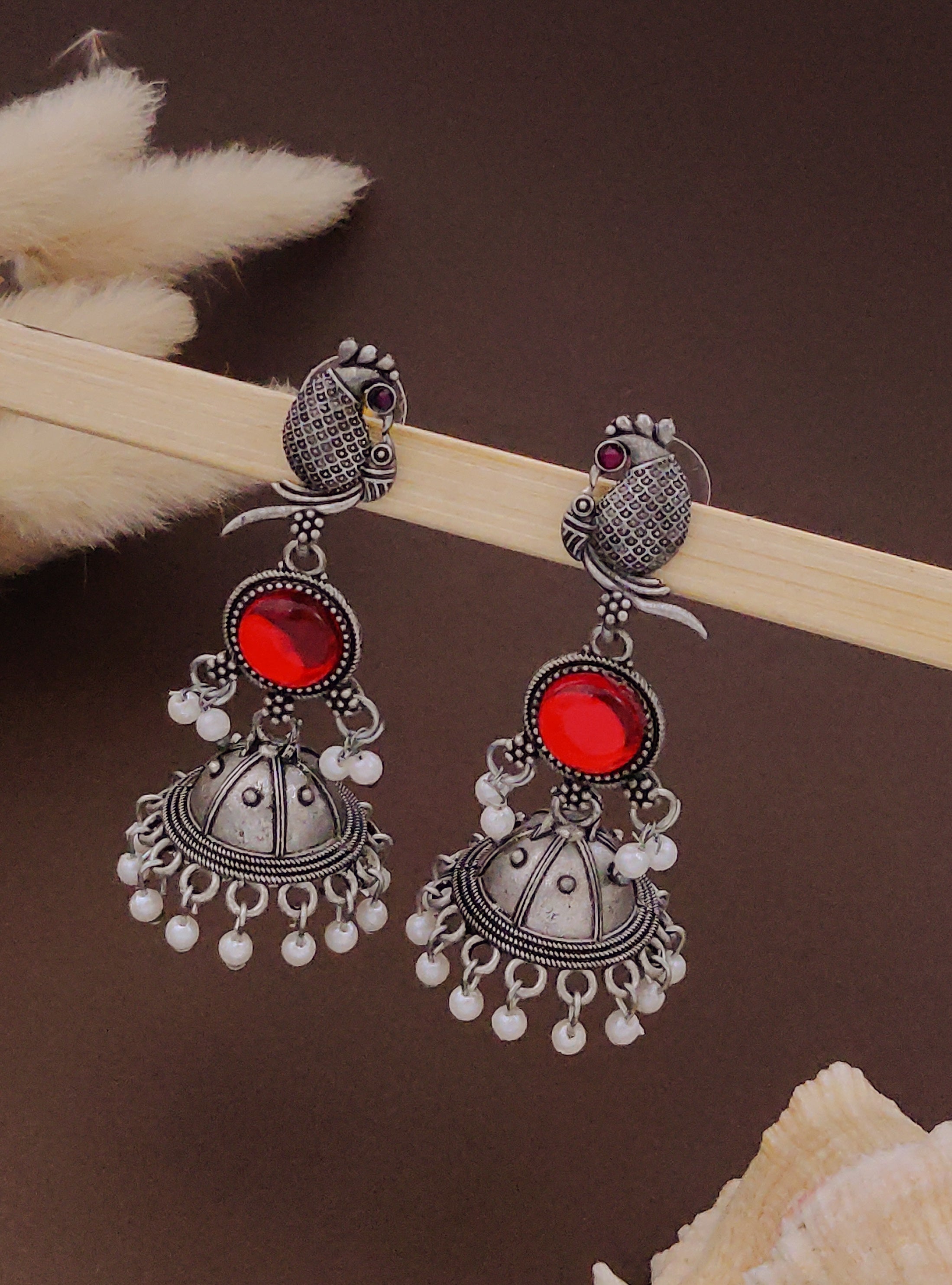 Antique Silver  Jhumka Earrings for Women (B-RED)