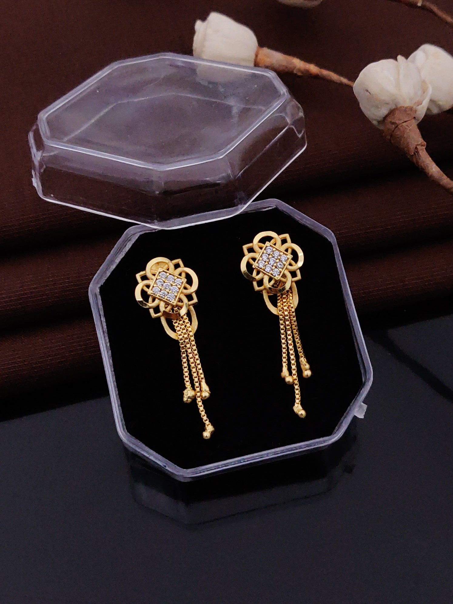 Gold Plated Floral Crystal Drop Earrings ( ME10 )
