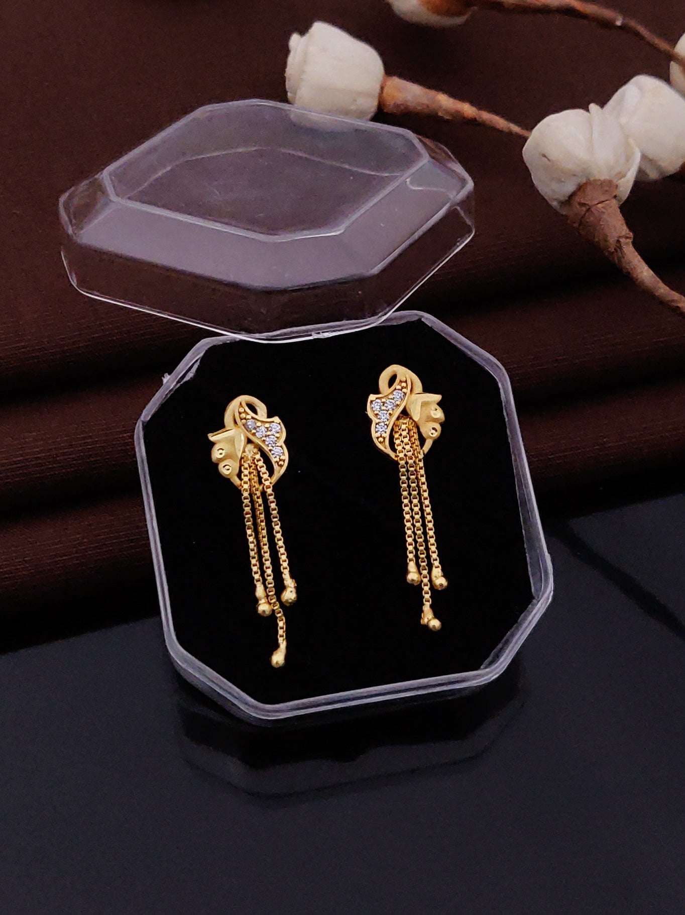 Gold Plated Floral Crystal Drop Earrings ( ME11 )