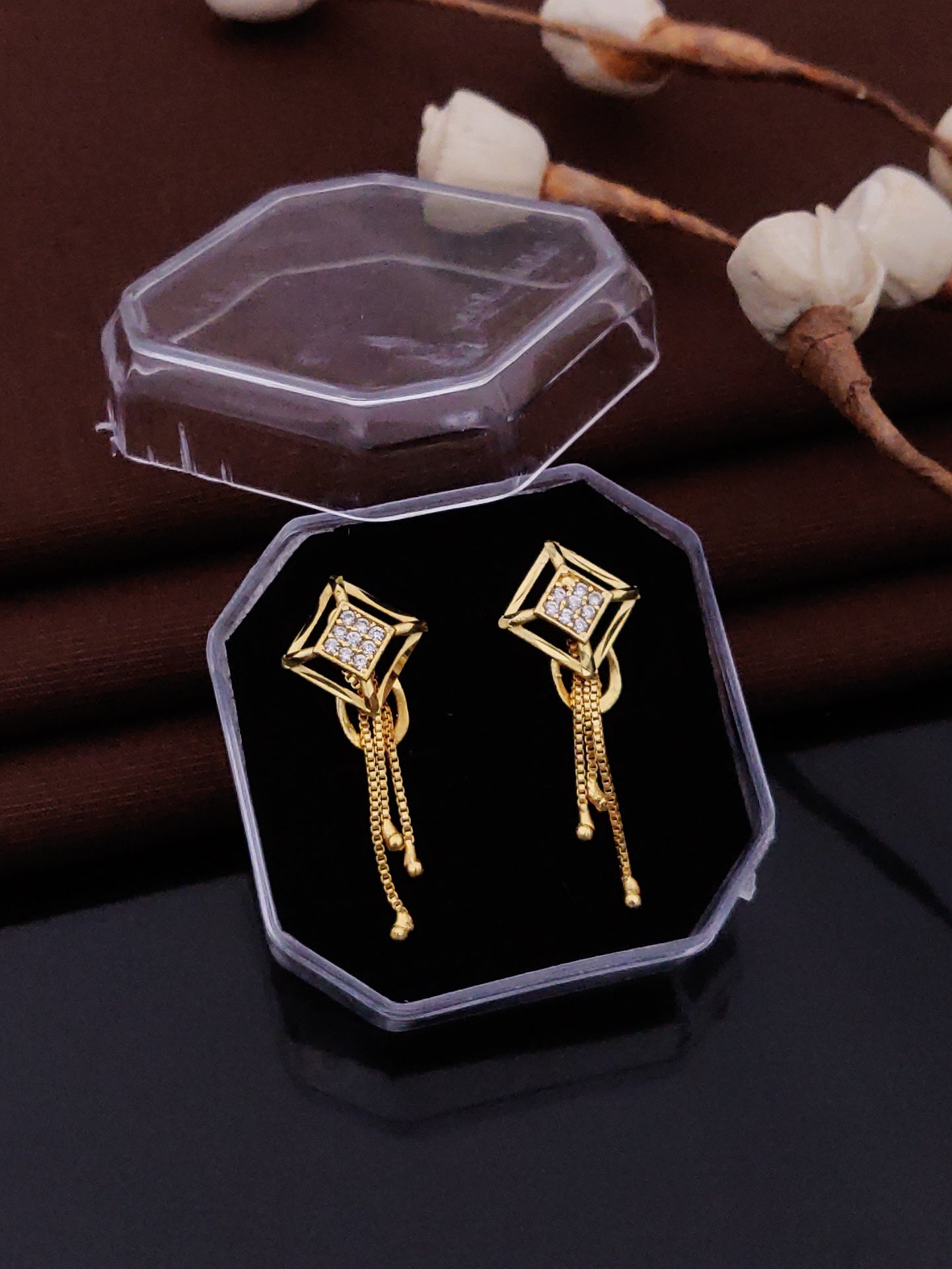 Gold Plated Floral Crystal Drop Earrings ( ME12 )