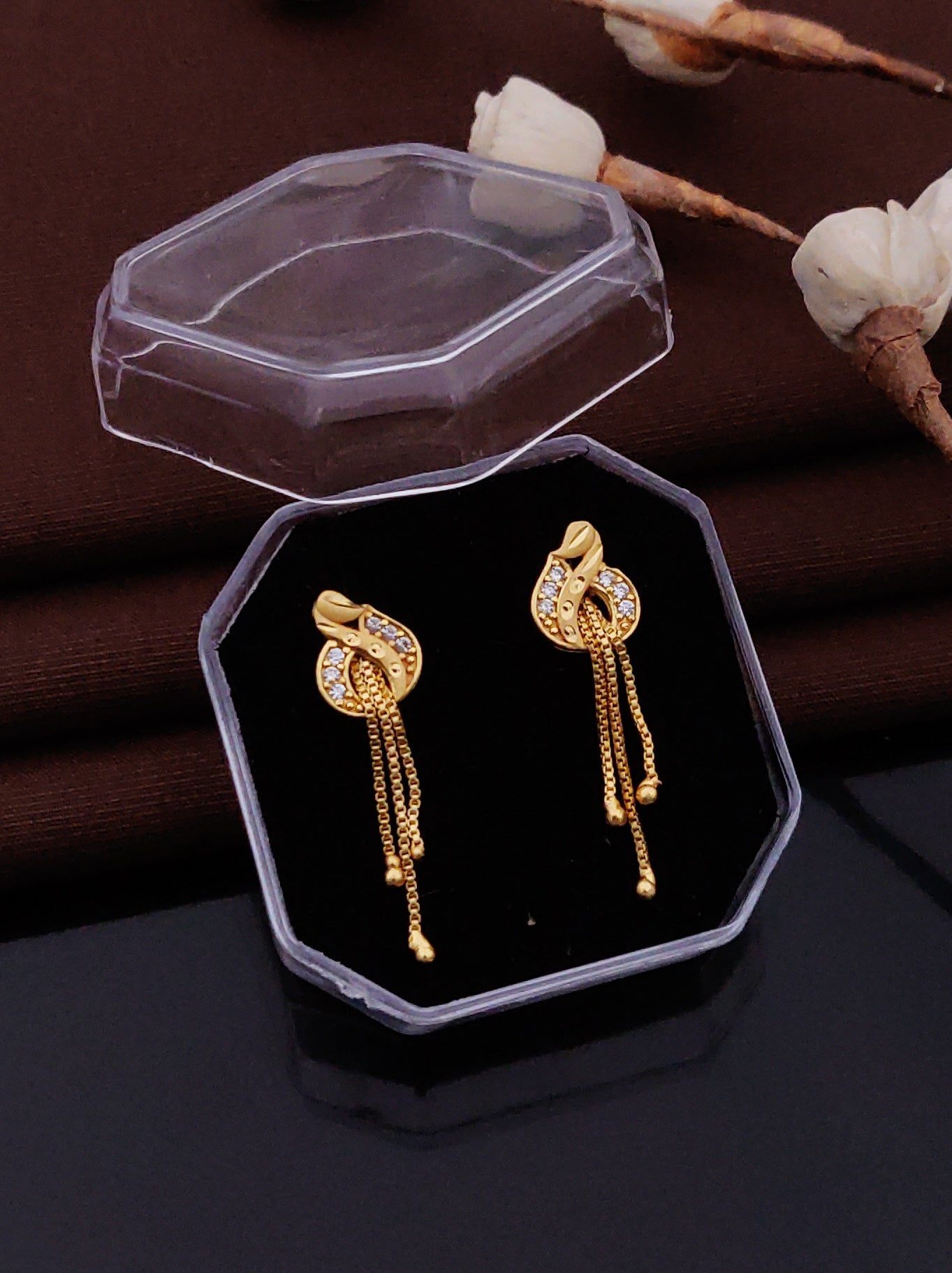 Gold Plated Floral Crystal Drop Earrings ( ME7 )