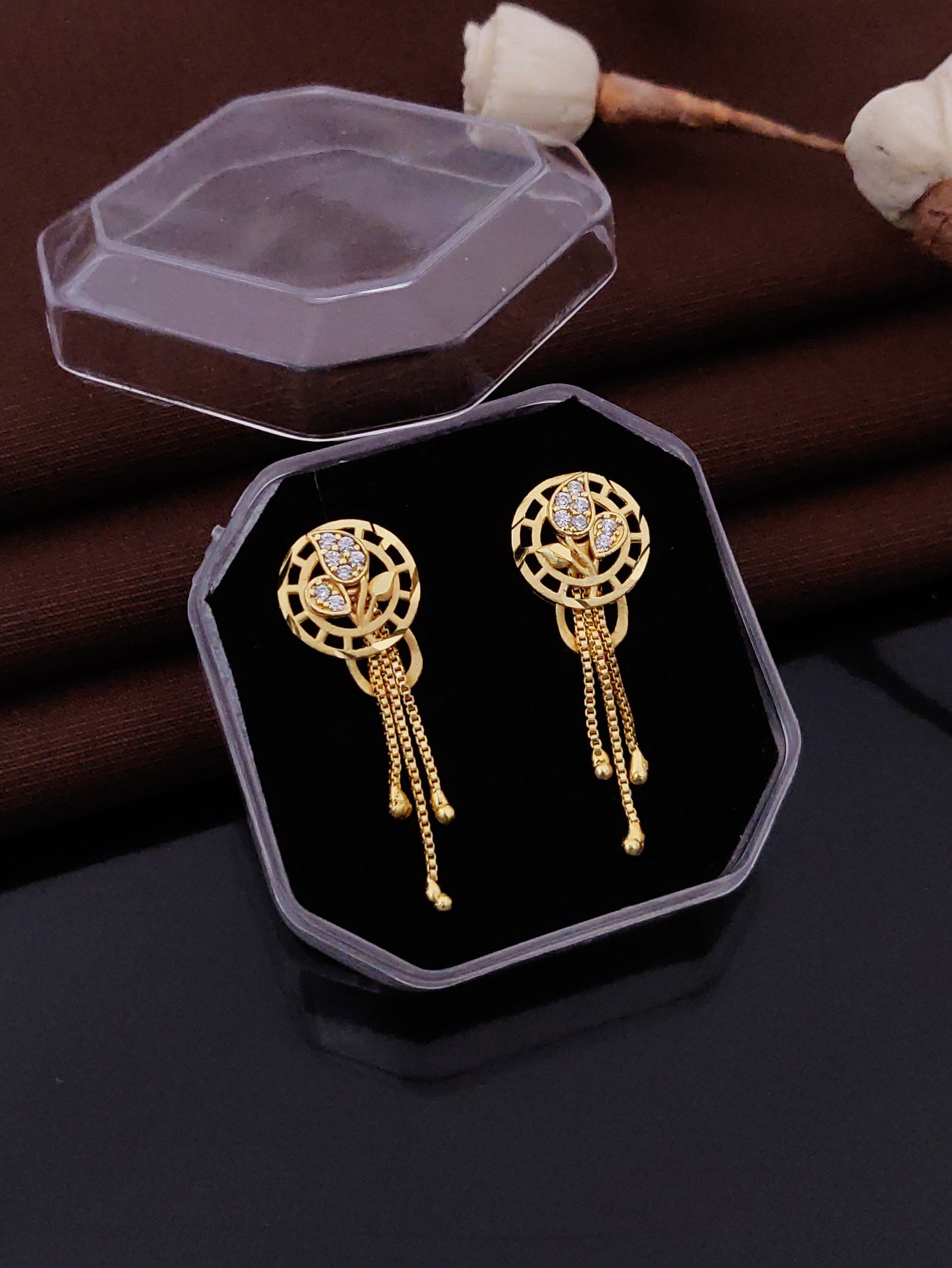Gold Plated Floral Crystal Drop Earrings ( ME8 )