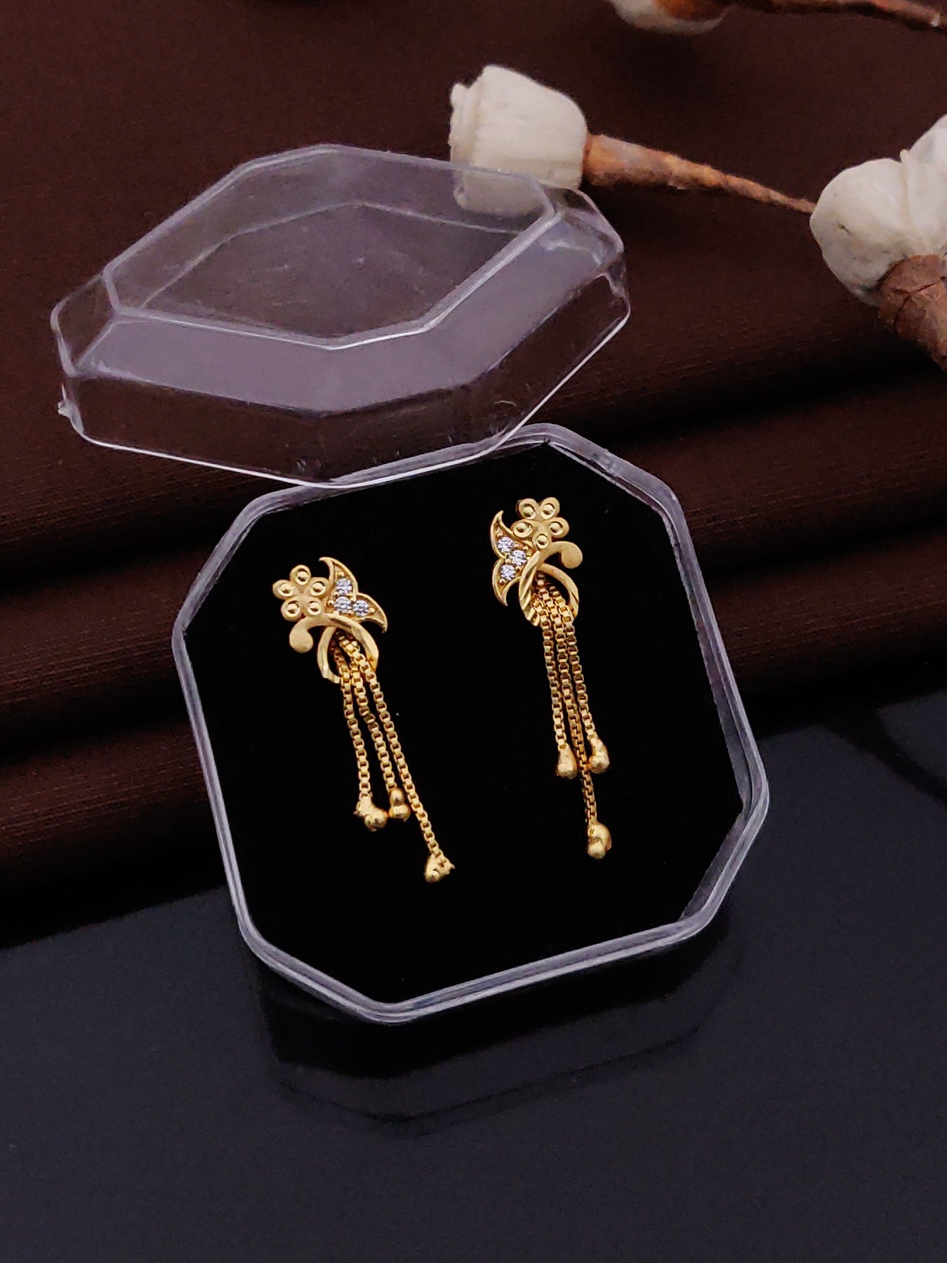 Gold Plated Floral Crystal Drop Earrings ( ME9 )
