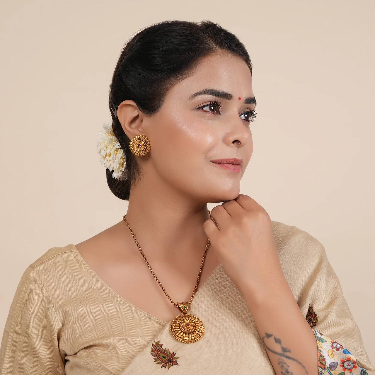 Ethnic Gold Plated Designer Pendant Necklace Set (AA12)