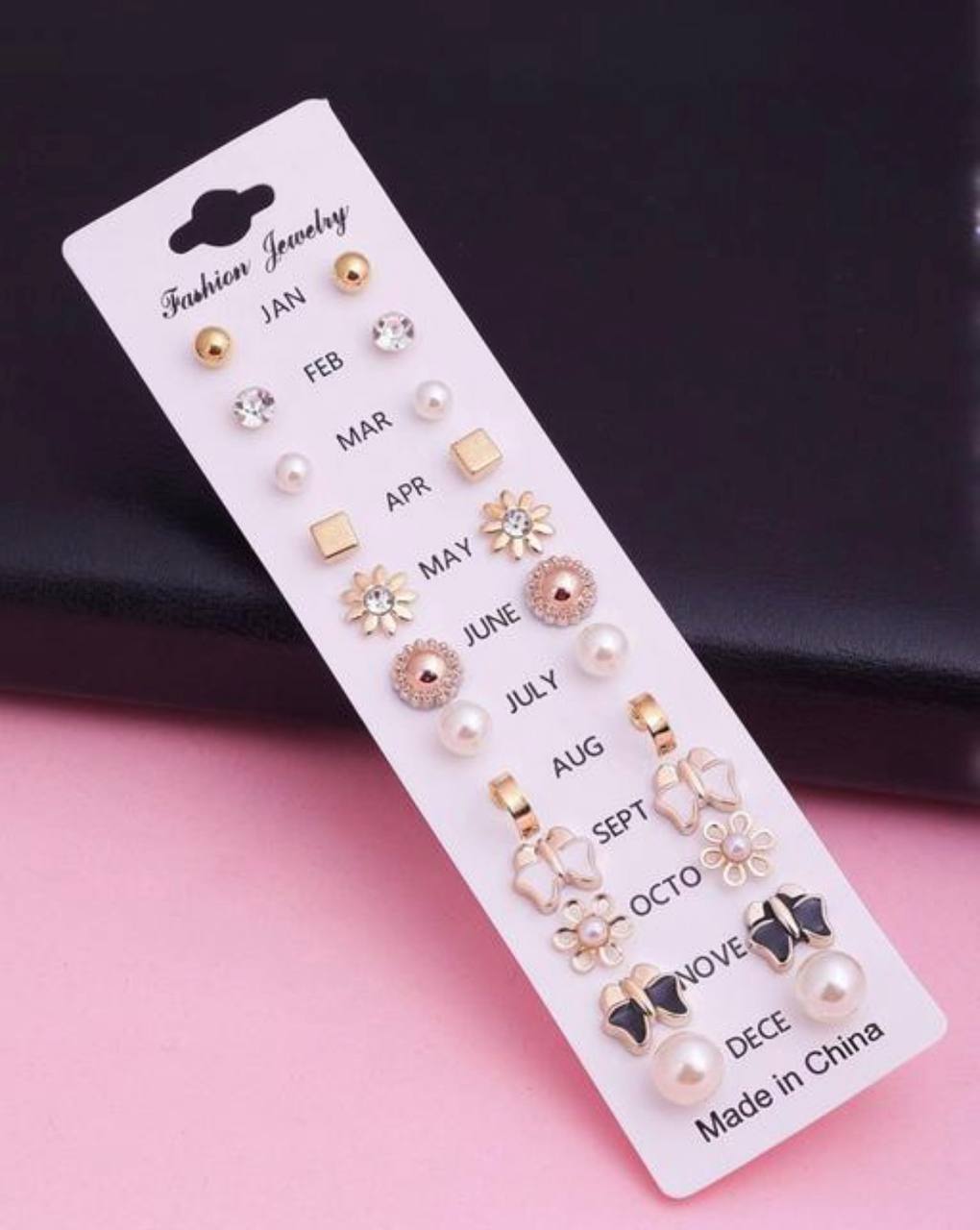 12-Pair Fashion Stud Earrings Set for Women & Girls(CARD -9)