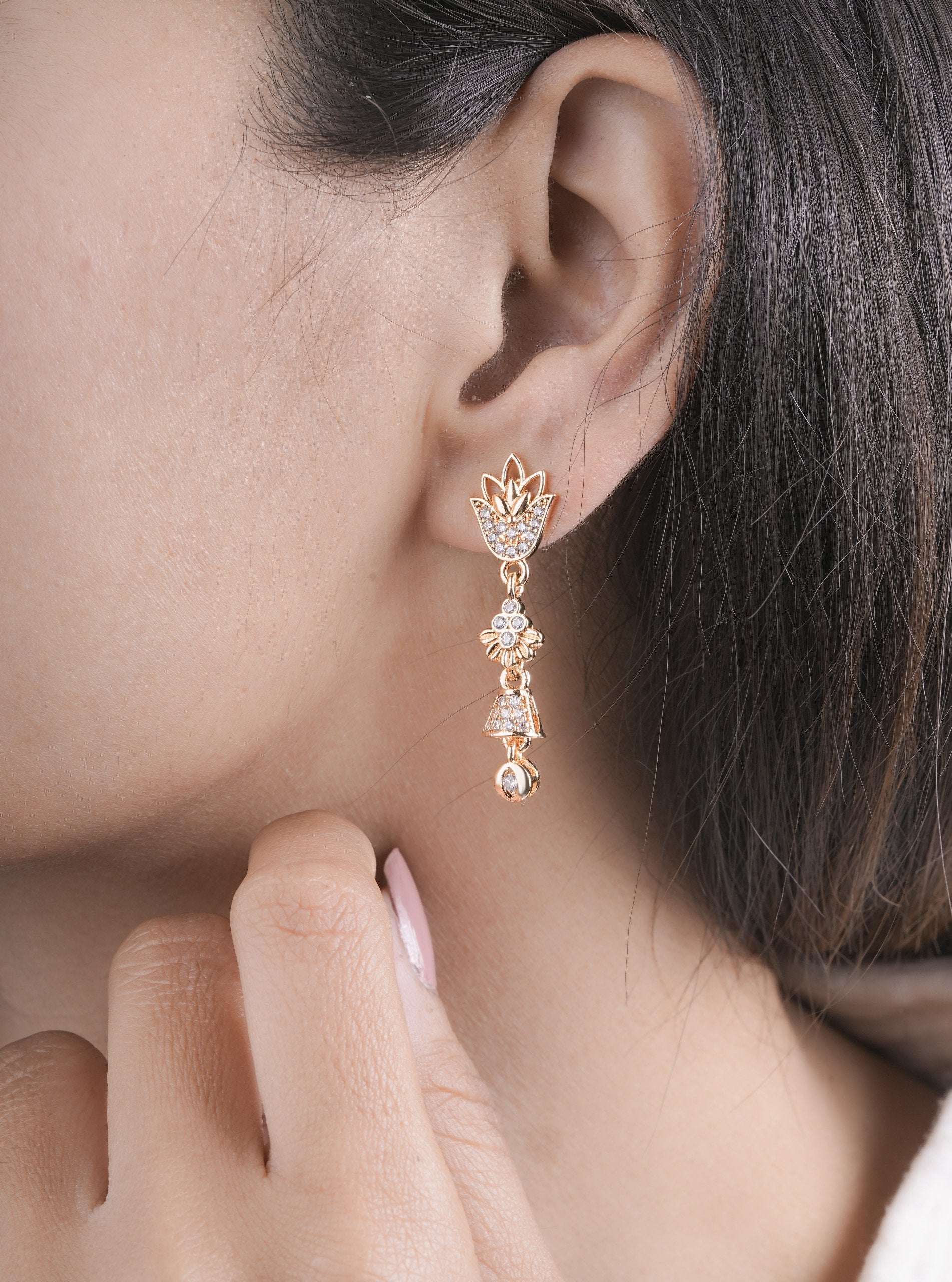 Gold Plated Floral Crystal Drop Earrings ( ERG 3)