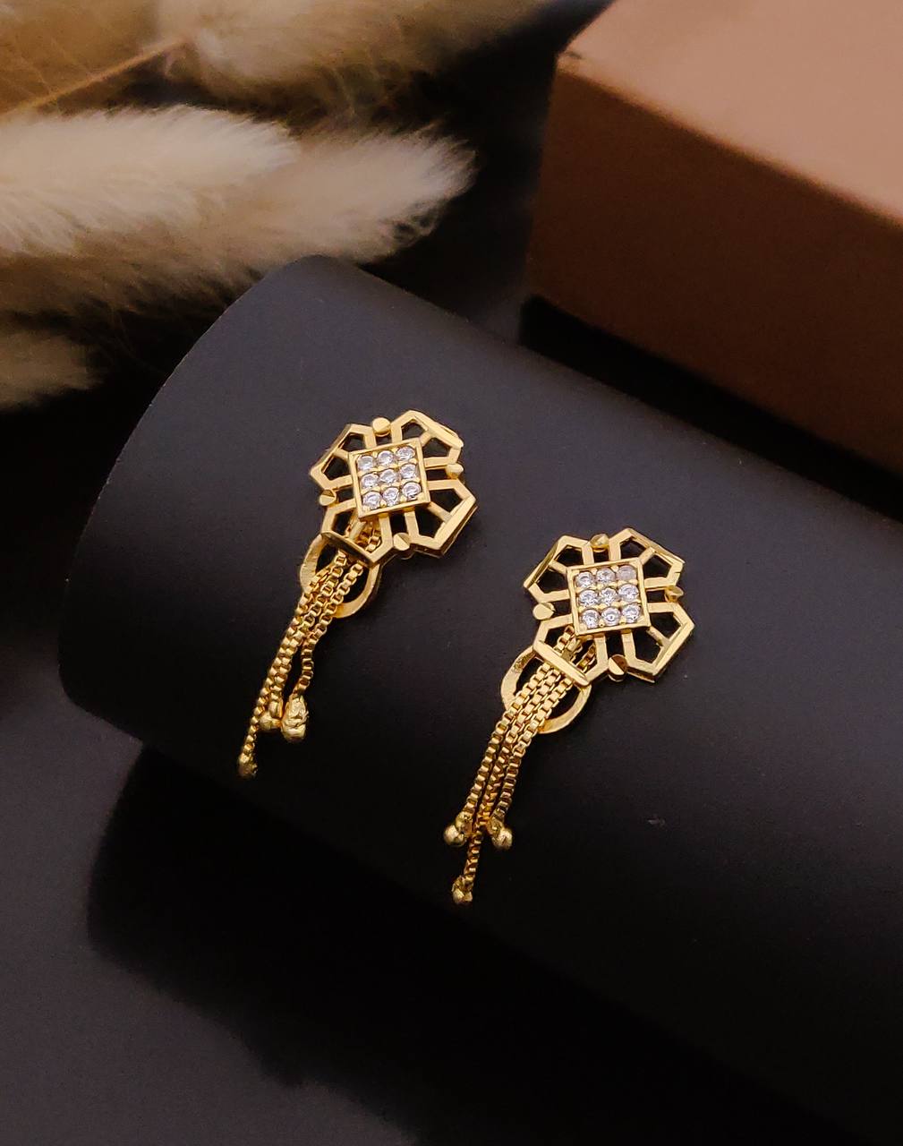 Gold Plated Floral Crystal Drop Earrings ( ME3 )