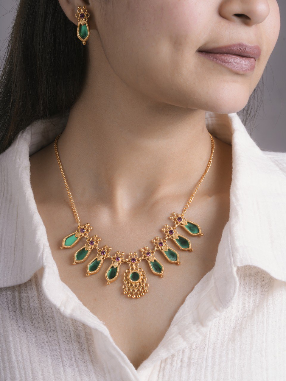Premium Necklace Set with Earrings (D1-Green)