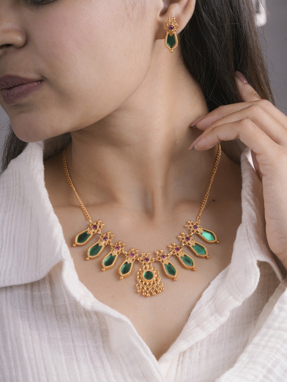 Premium Necklace Set with Earrings (D1-Green)