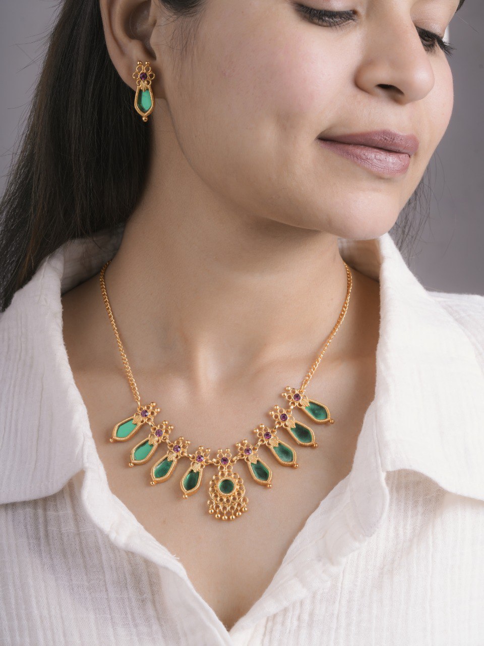 Premium Necklace Set with Earrings (D1-Green)