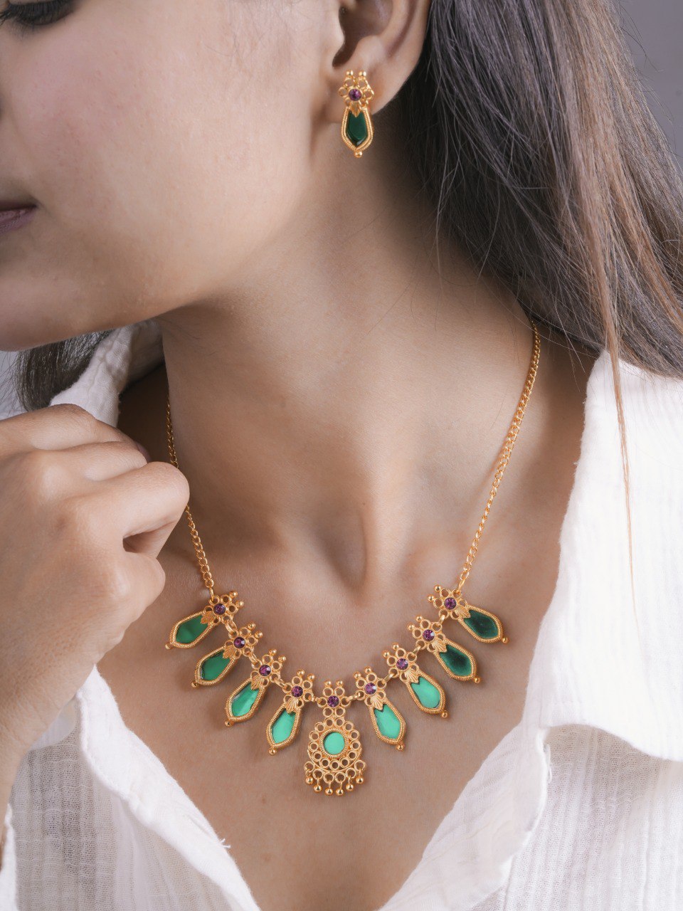 Premium Necklace Set with Earrings (D1-Green)